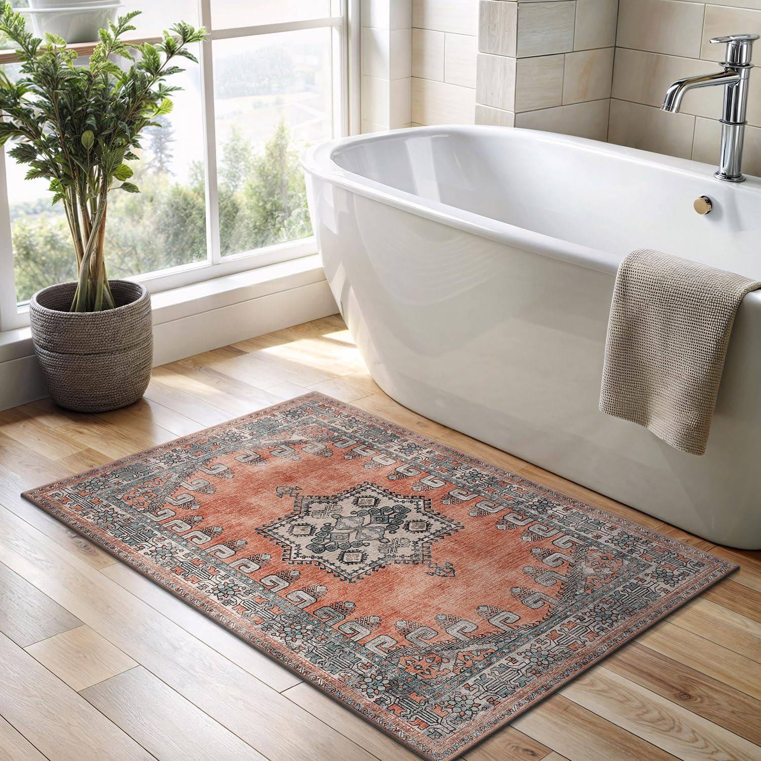 image:imageCAMILSON Printed Bathroom Rugs Oriental Retro Vintage Medallion Area Rug 2x3 NonShedding Ultra Thin Super Strong Stain Resistant Indoor Carpet for Hallway Kitchen Office 2 x 3 Orange