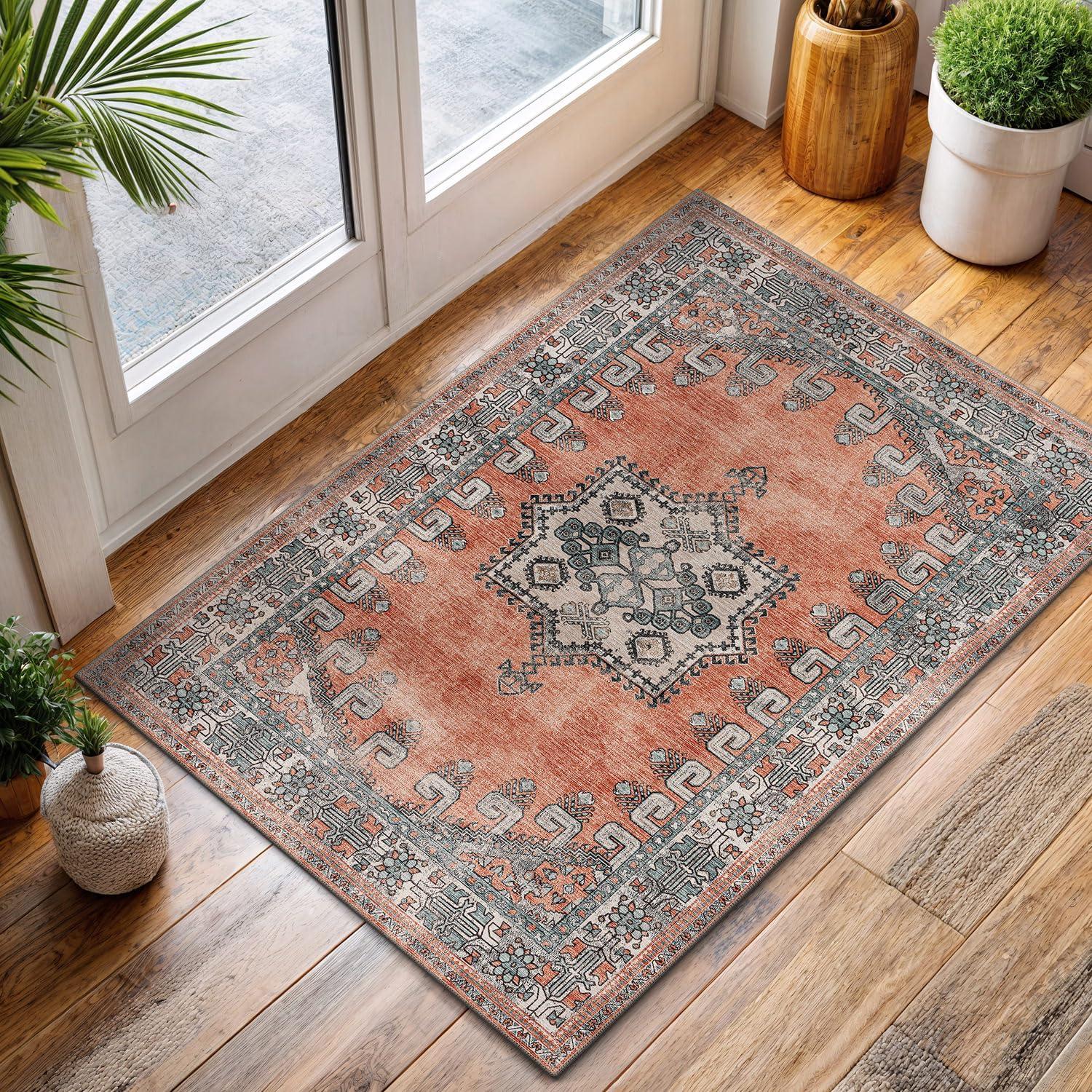 image:imageCAMILSON Printed Bathroom Rugs Oriental Retro Vintage Medallion Area Rug 2x3 NonShedding Ultra Thin Super Strong Stain Resistant Indoor Carpet for Hallway Kitchen Office 2 x 3 Orange