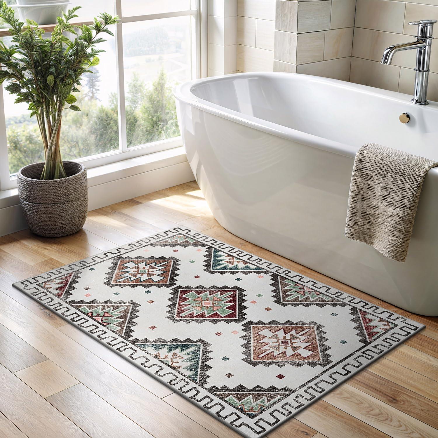 image:imageCAMILSON Printed Bathroom Rugs Oriental Retro Vintage Moroccan Area Rug 2x3 NonShedding Ultra Thin Super Strong Stain Resistant Indoor Carpet for Hallway Kitchen Office 2 x 3 Beige