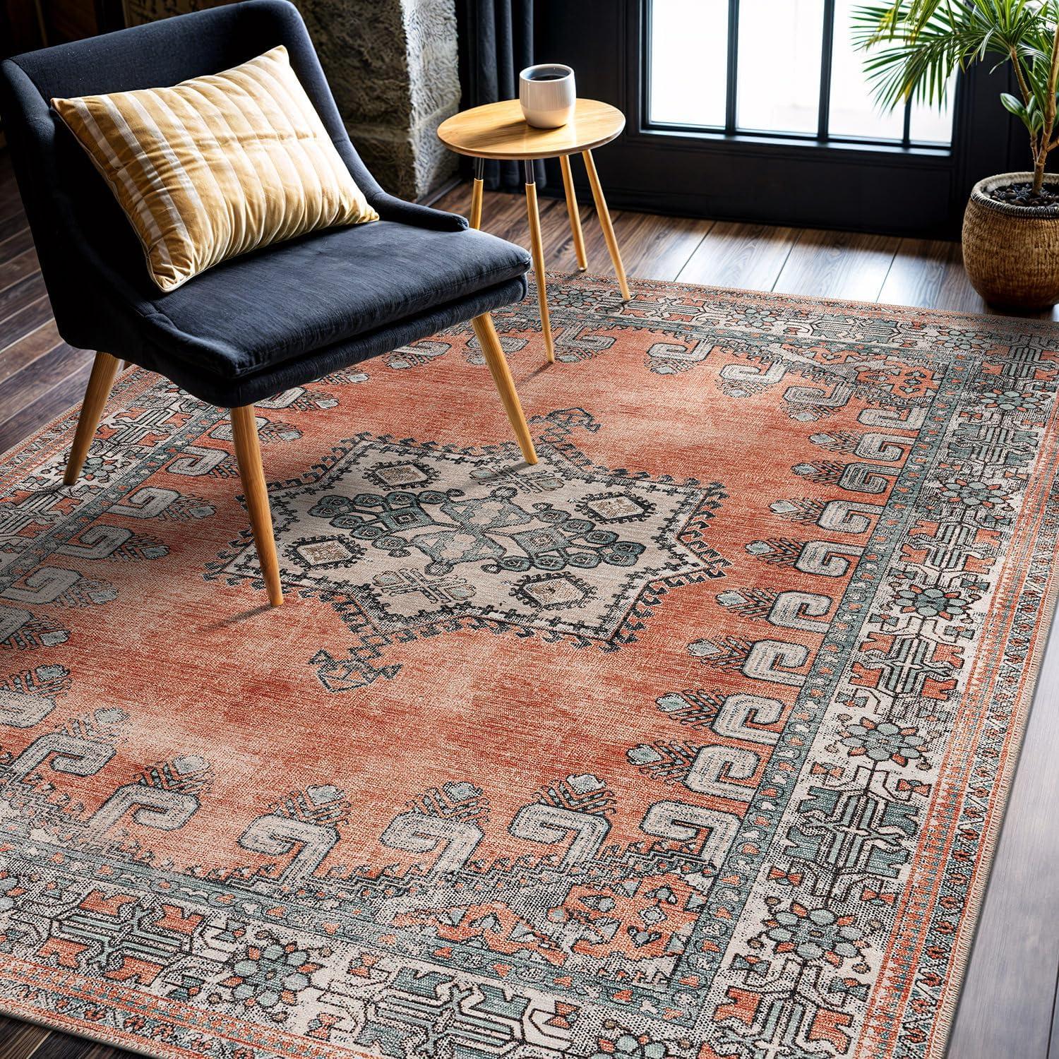 image:imageCAMILSON Printed Living Room Rugs Oriental Retro Distressed Medallion Area Rug 5x7 NonShedding Ultra Thin Super Strong Stain Resistant Indoor Carpet for Hallway Kitchen 5 x 7 Orange