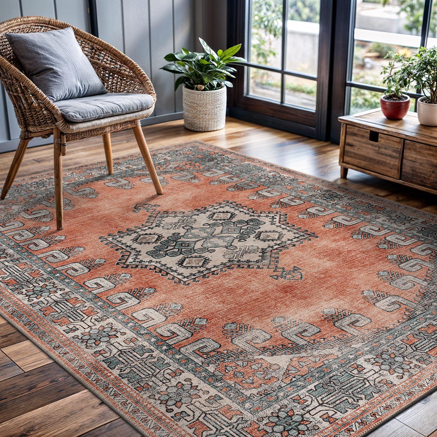 image:imageCAMILSON Printed Living Room Rugs Oriental Retro Distressed Medallion Area Rug 5x7 NonShedding Ultra Thin Super Strong Stain Resistant Indoor Carpet for Hallway Kitchen 5 x 7 Orange