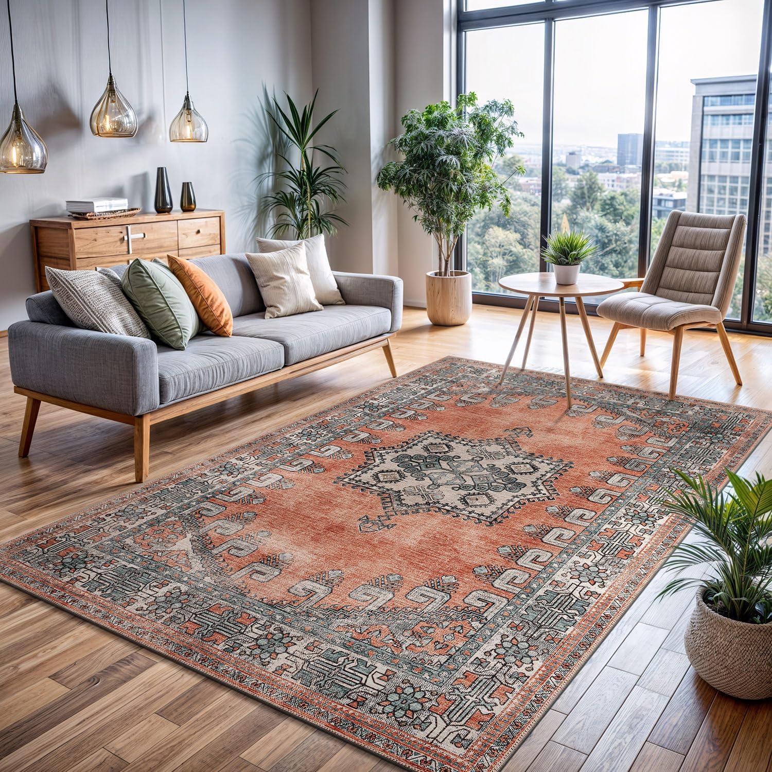 image:imageCAMILSON Printed Living Room Rugs Oriental Retro Distressed Medallion Area Rug 5x7 NonShedding Ultra Thin Super Strong Stain Resistant Indoor Carpet for Hallway Kitchen 5 x 7 Orange