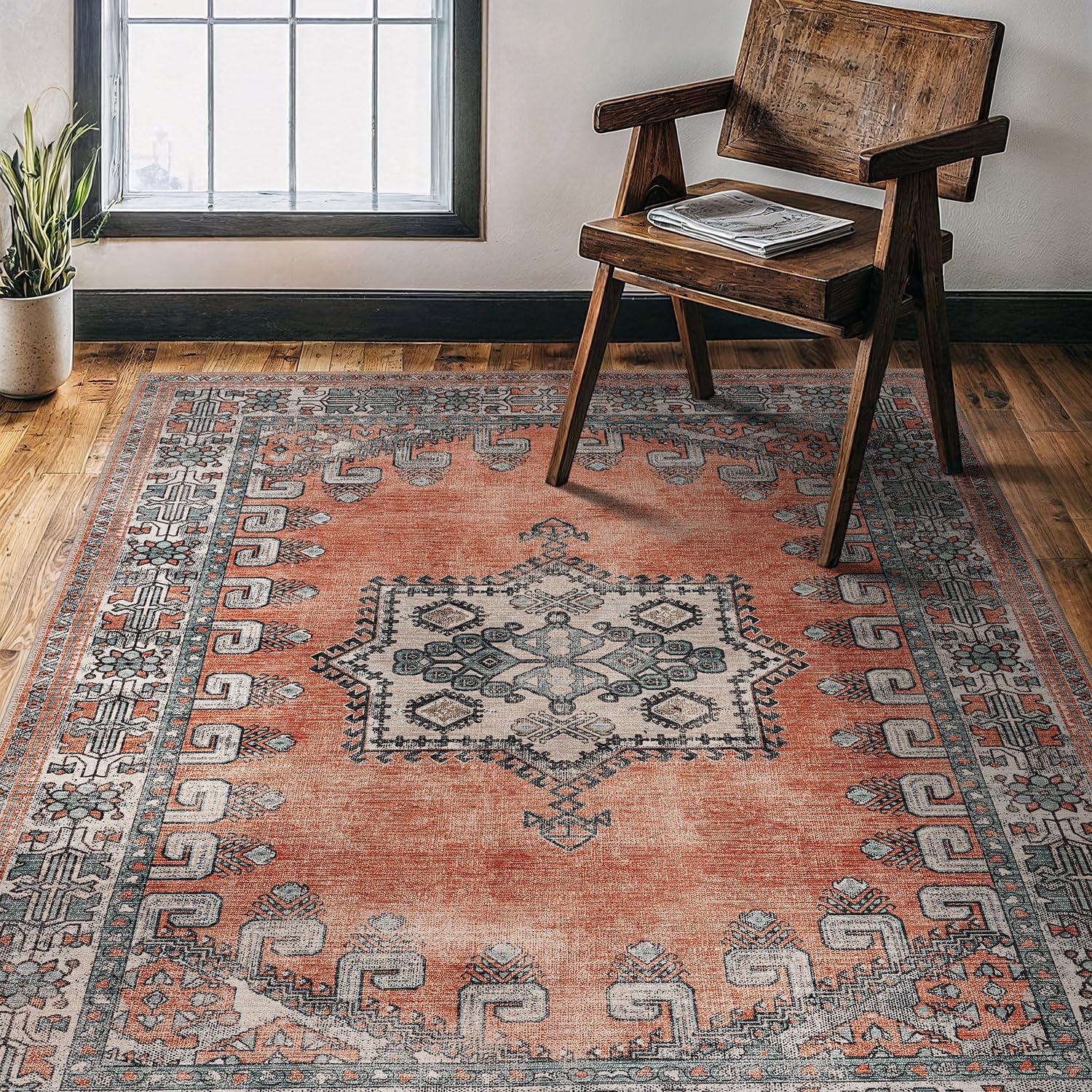 image:imageCAMILSON Printed Living Room Rugs Oriental Retro Distressed Medallion Area Rug 5x7 NonShedding Ultra Thin Super Strong Stain Resistant Indoor Carpet for Hallway Kitchen 5 x 7 Orange