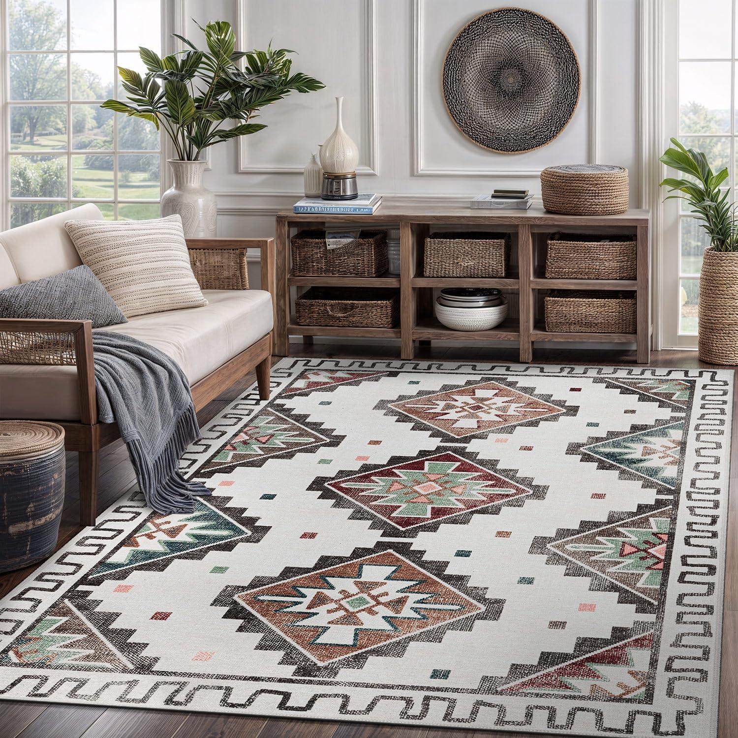 image:imageCAMILSON Printed Living Room Rugs Oriental Retro Traditional Vintage Moroccan Area Rug 5x7 NonShedding Ultra Thin Super Strong Stain Resistant Indoor Carpet for Hallway Kitchen 5 x 7 Beige
