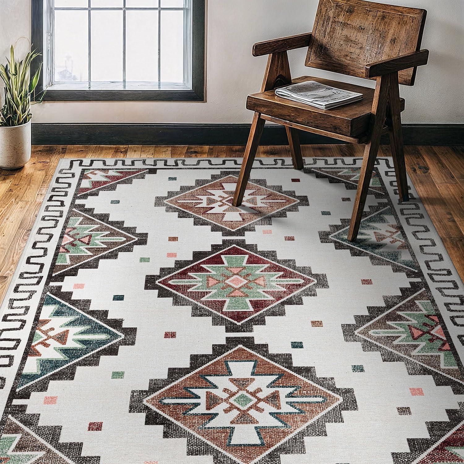 image:imageCAMILSON Printed Living Room Rugs Oriental Retro Traditional Vintage Moroccan Area Rug 5x7 NonShedding Ultra Thin Super Strong Stain Resistant Indoor Carpet for Hallway Kitchen 5 x 7 Beige
