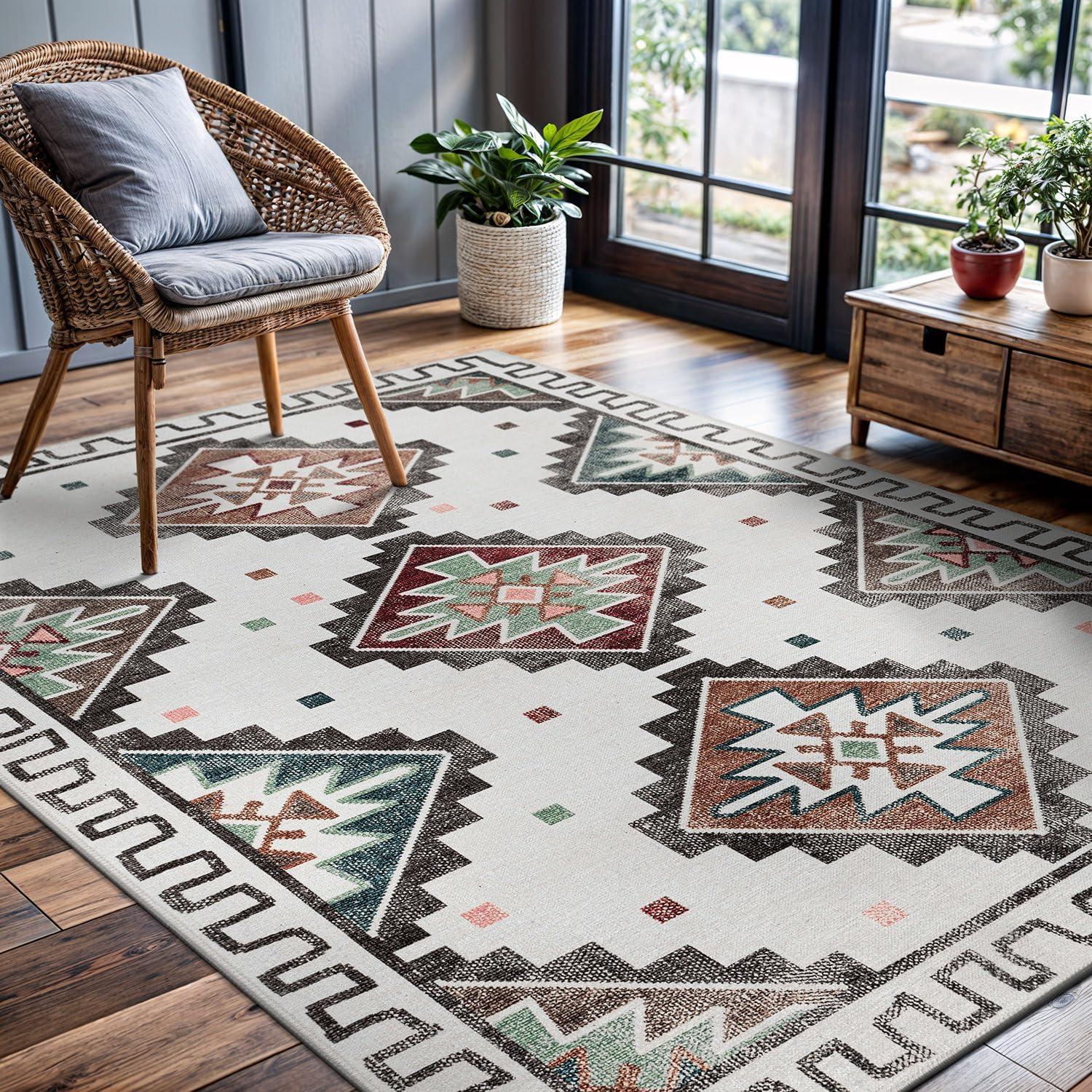 image:imageCAMILSON Printed Living Room Rugs Oriental Retro Traditional Vintage Moroccan Area Rug 5x7 NonShedding Ultra Thin Super Strong Stain Resistant Indoor Carpet for Hallway Kitchen 5 x 7 Beige