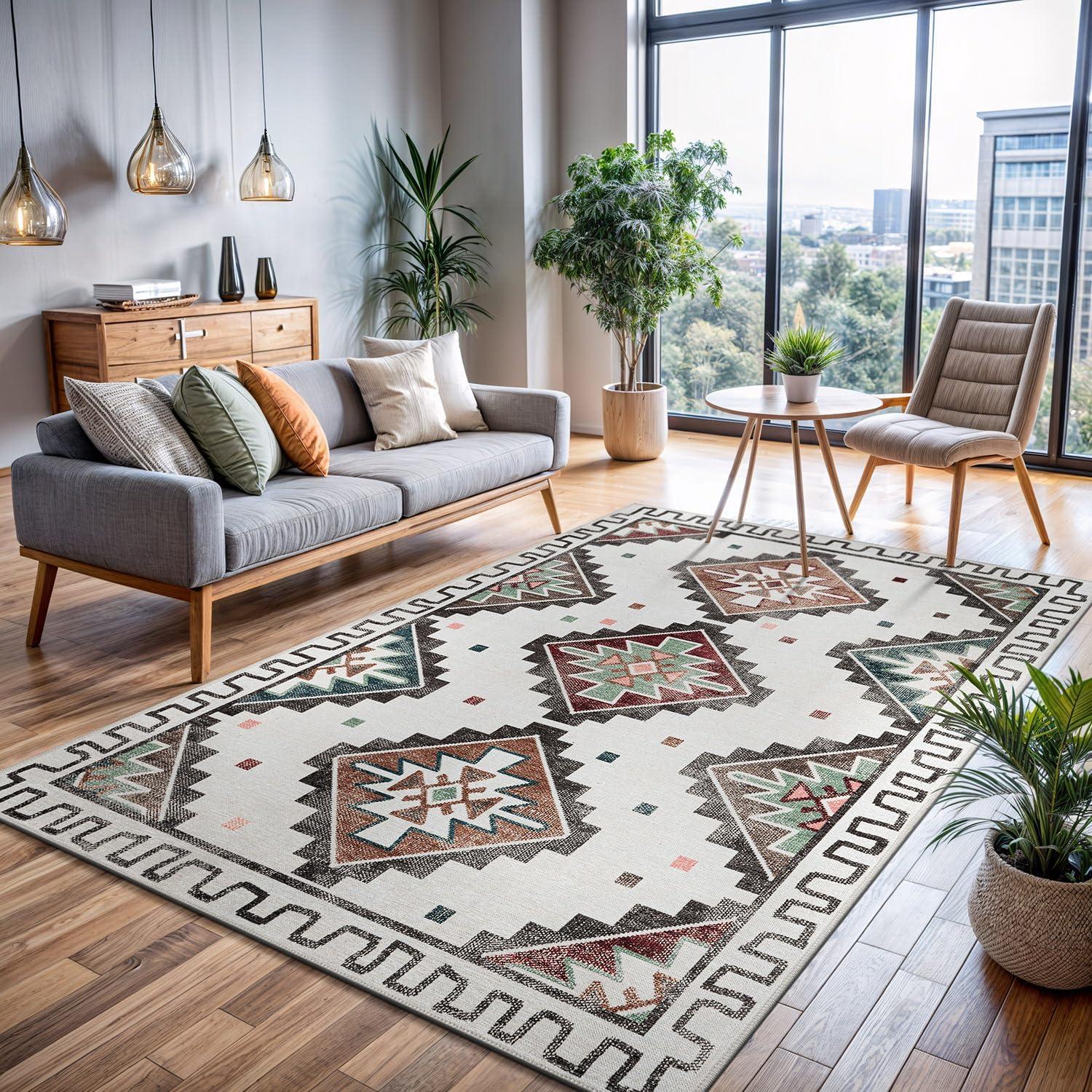 image:imageCAMILSON Printed Living Room Rugs Oriental Retro Traditional Vintage Moroccan Area Rug 5x7 NonShedding Ultra Thin Super Strong Stain Resistant Indoor Carpet for Hallway Kitchen 5 x 7 Beige