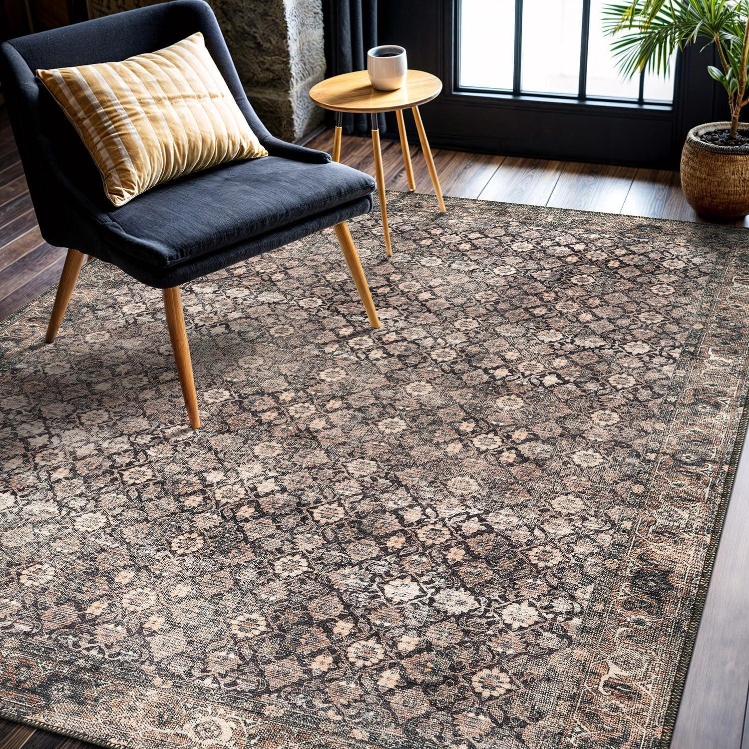 image:imageCAMILSON Printed Living Room Rugs Oriental Retro Vintage Floral Area Rug 5x7 NonShedding Ultra Thin Super Strong Stain Resistant Indoor Carpet for Hallway Kitchen 5 x 7  Wood Beige
