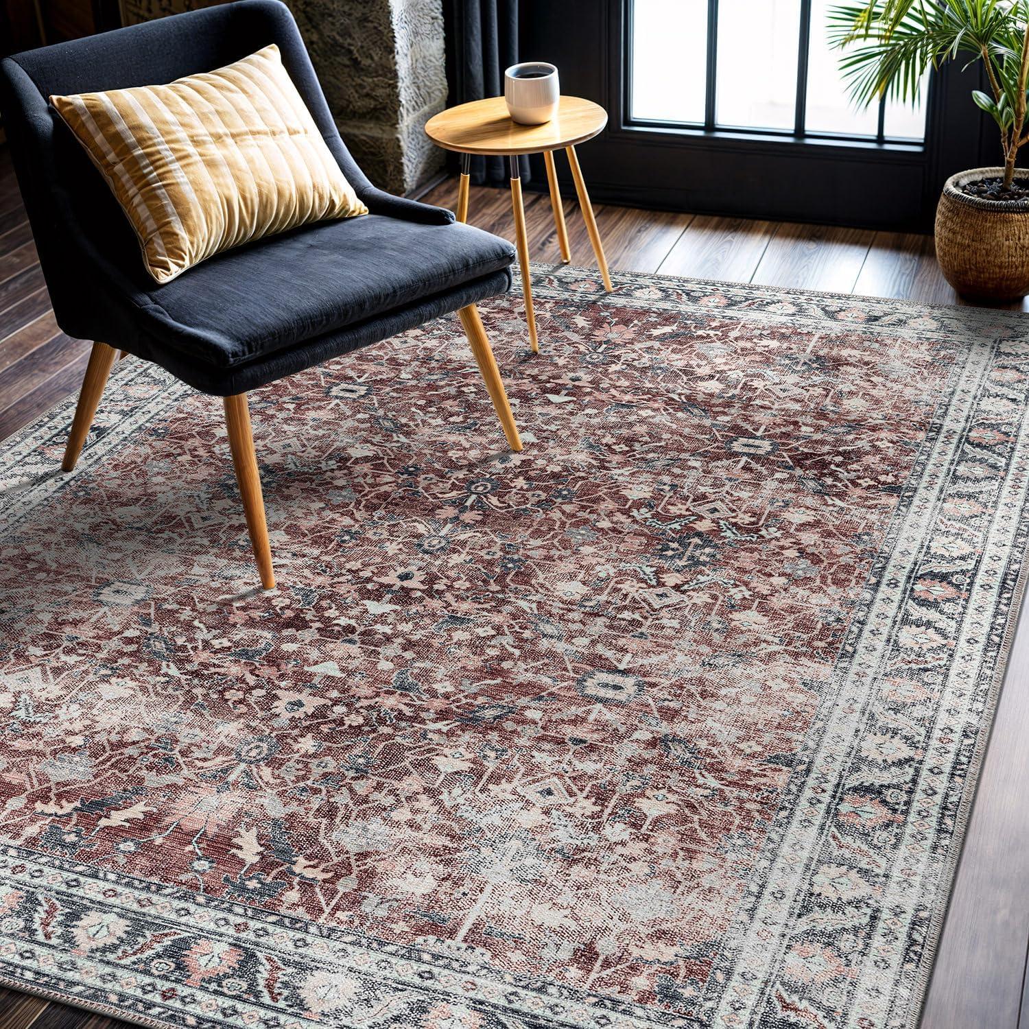image:imageCAMILSON Printed Living Room Rugs Oriental Retro Vintage Floral Area Rug 5x7 NonShedding Ultra Thin Super Strong Stain Resistant Indoor Carpet for Hallway Kitchen Office 5 x 7  Rust Red