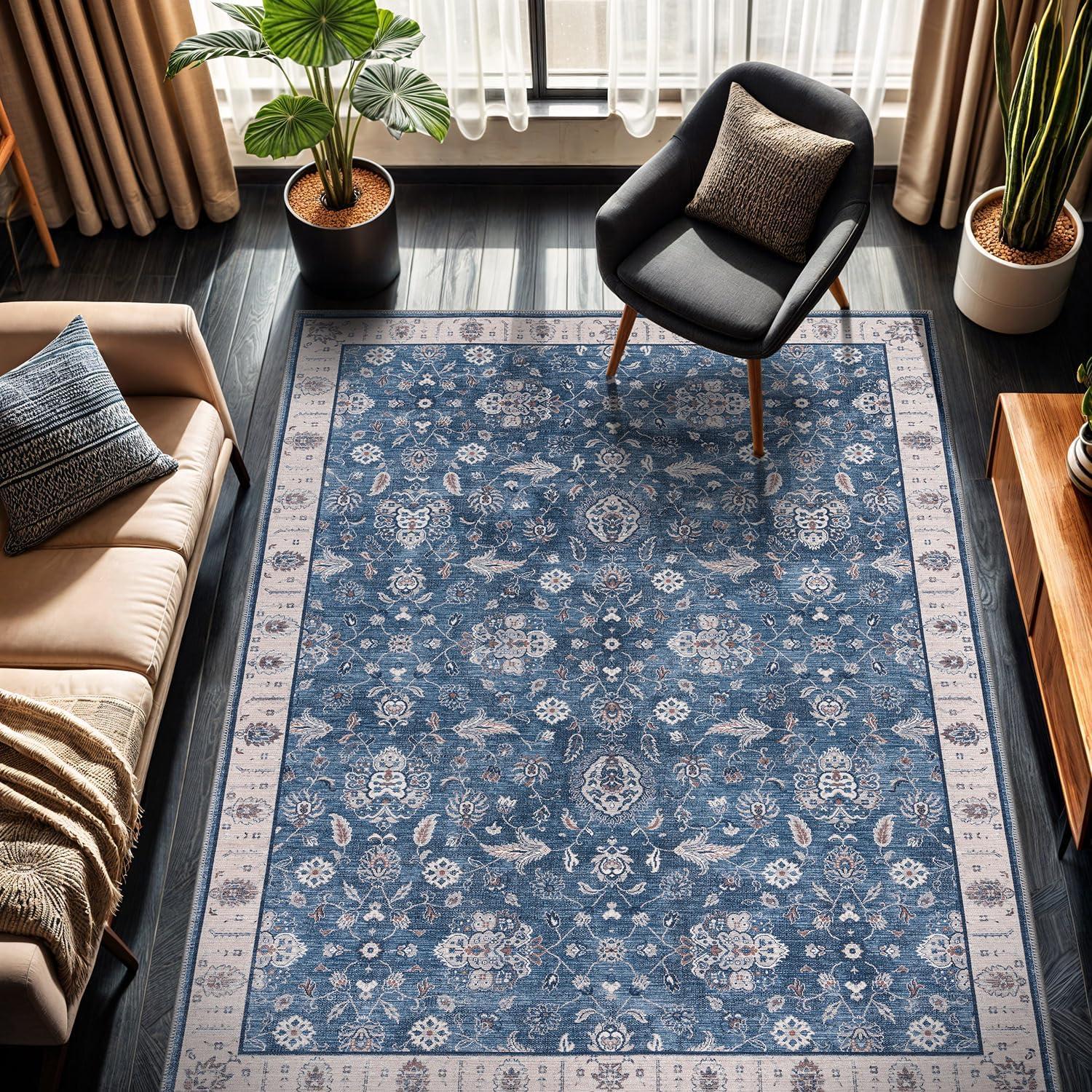 image:imageCAMILSON Printed Living Room Rugs Oriental Retro Vintage Floral Area Rug 5x7 NonShedding Ultra Thin Super Strong Stain Resistant Indoor Carpet for Hallway Kitchen 5 x 7 Navy Blue