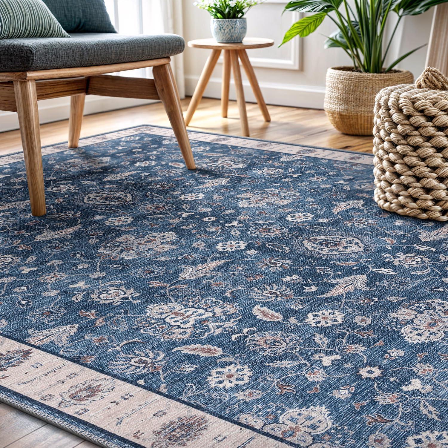 image:imageCAMILSON Printed Living Room Rugs Oriental Retro Vintage Floral Area Rug 5x7 NonShedding Ultra Thin Super Strong Stain Resistant Indoor Carpet for Hallway Kitchen 5 x 7 Navy Blue