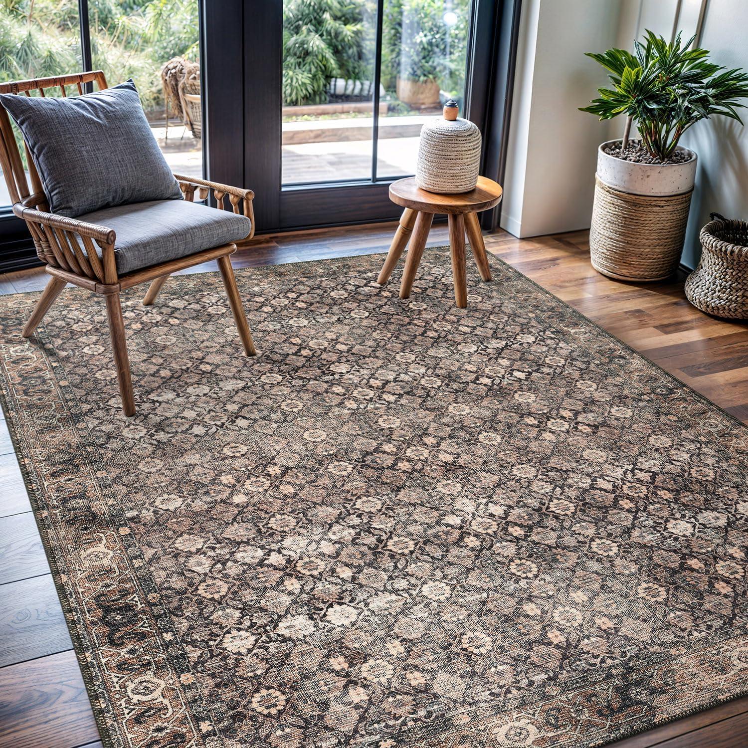 image:imageCAMILSON Printed Living Room Rugs Oriental Retro Vintage Floral Area Rug 5x7 NonShedding Ultra Thin Super Strong Stain Resistant Indoor Carpet for Hallway Kitchen 5 x 7  Wood Beige