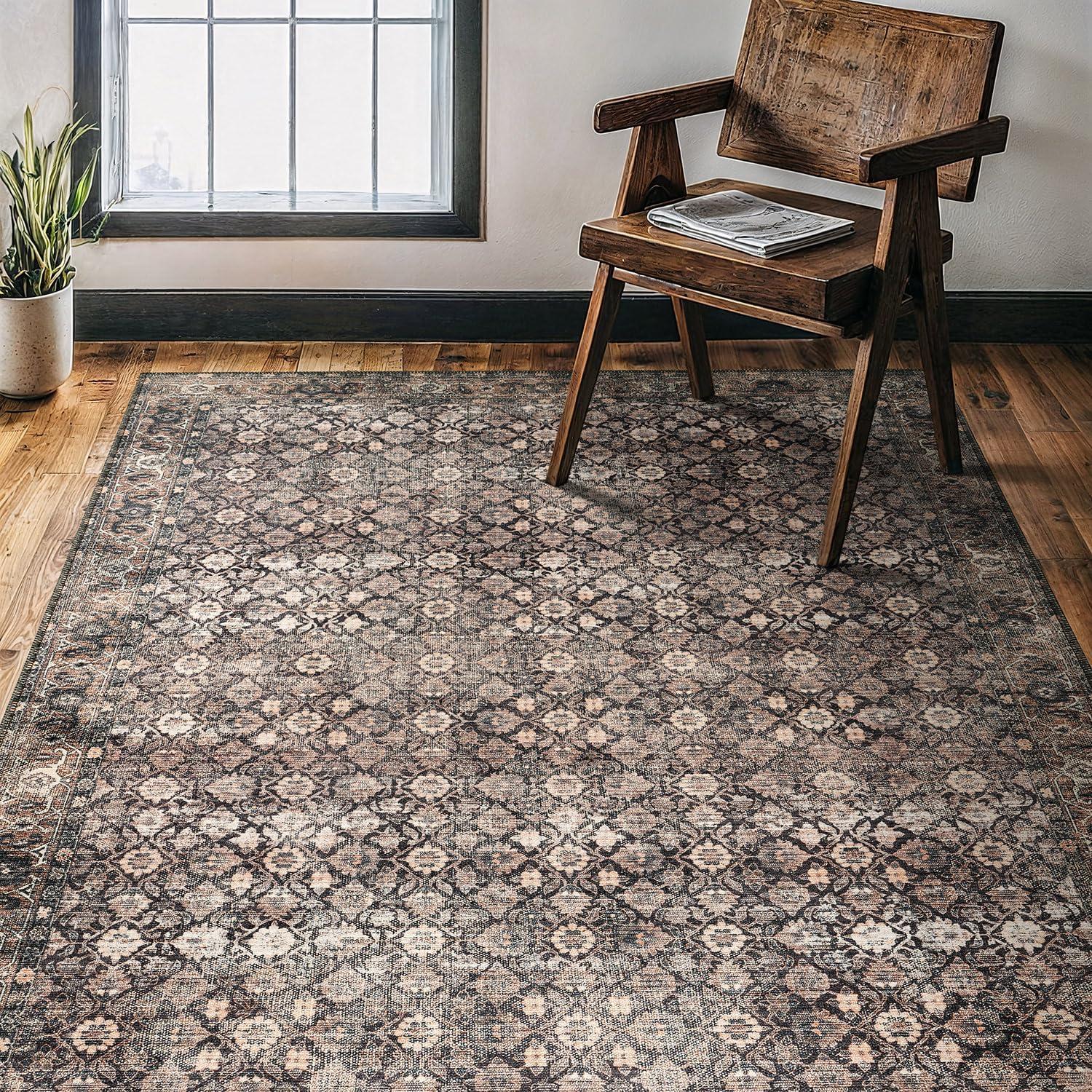 image:imageCAMILSON Printed Living Room Rugs Oriental Retro Vintage Floral Area Rug 5x7 NonShedding Ultra Thin Super Strong Stain Resistant Indoor Carpet for Hallway Kitchen 5 x 7  Wood Beige