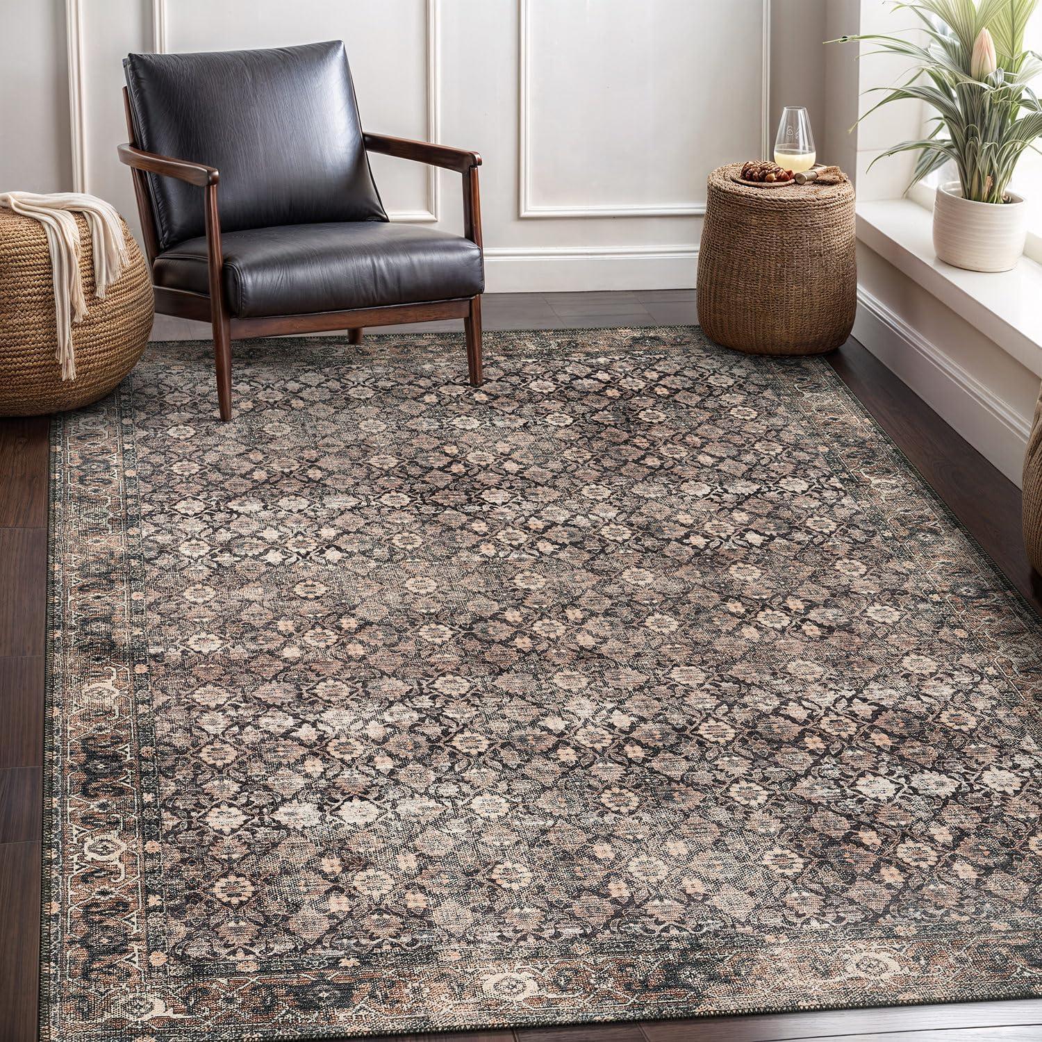 image:imageCAMILSON Printed Living Room Rugs Oriental Retro Vintage Floral Area Rug 5x7 NonShedding Ultra Thin Super Strong Stain Resistant Indoor Carpet for Hallway Kitchen 5 x 7  Wood Beige