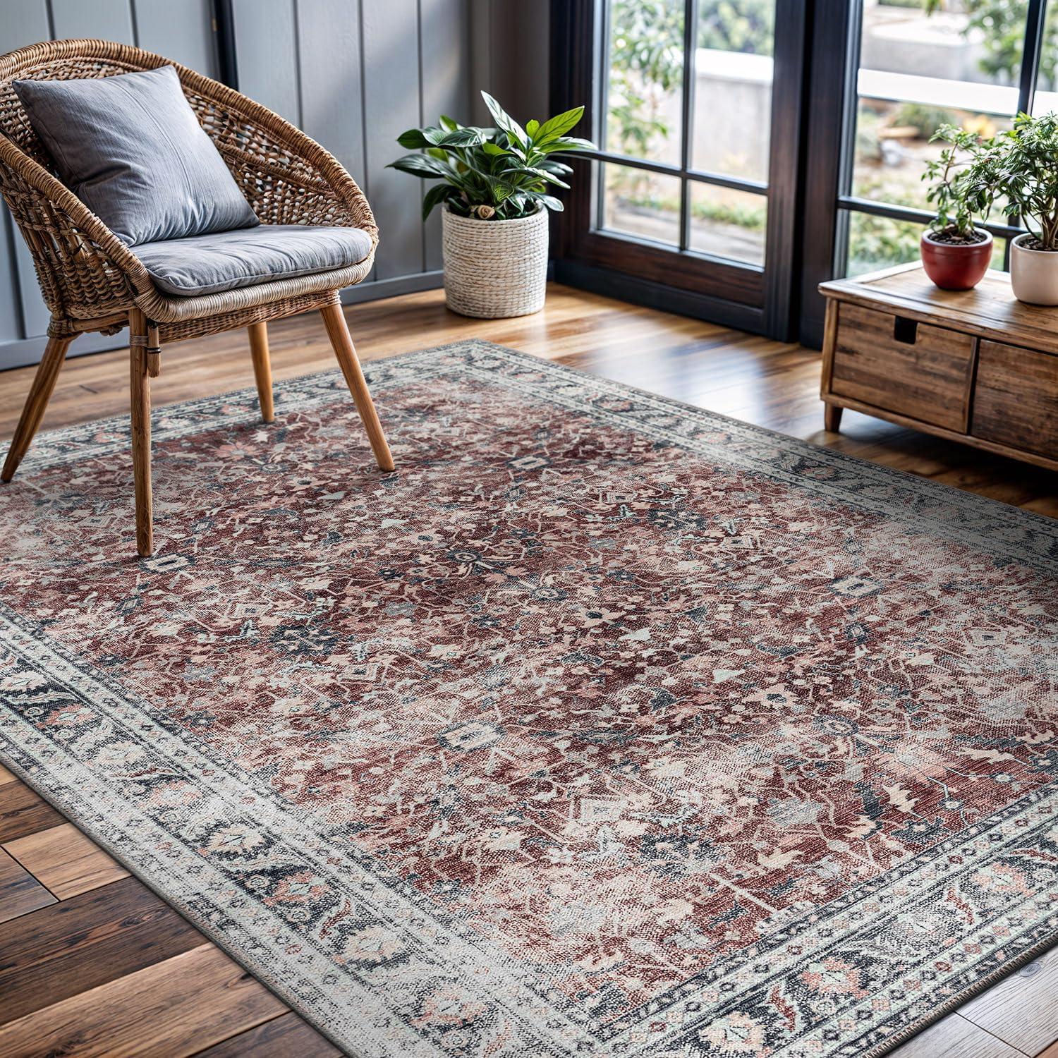 image:imageCAMILSON Printed Living Room Rugs Oriental Retro Vintage Floral Area Rug 5x7 NonShedding Ultra Thin Super Strong Stain Resistant Indoor Carpet for Hallway Kitchen Office 5 x 7  Rust Red