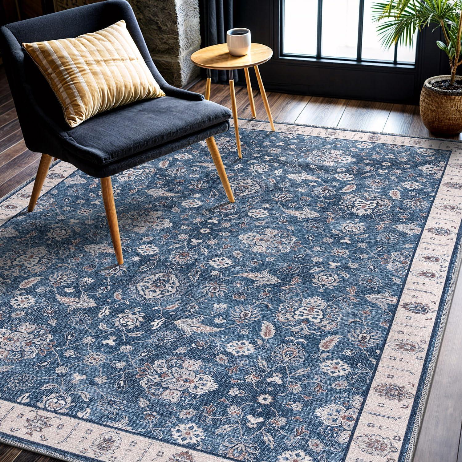 image:imageCAMILSON Printed Living Room Rugs Oriental Retro Vintage Floral Area Rug 5x7 NonShedding Ultra Thin Super Strong Stain Resistant Indoor Carpet for Hallway Kitchen 5 x 7 Navy Blue