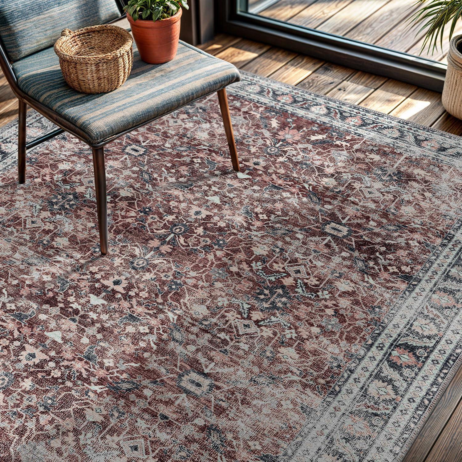 image:imageCAMILSON Printed Living Room Rugs Oriental Retro Vintage Floral Area Rug 5x7 NonShedding Ultra Thin Super Strong Stain Resistant Indoor Carpet for Hallway Kitchen Office 5 x 7  Rust Red