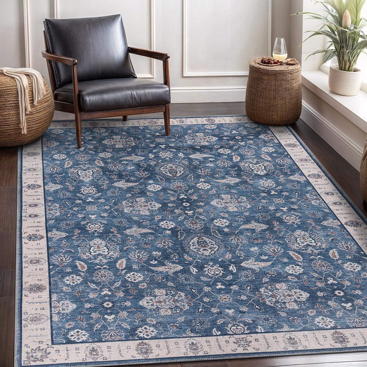 image:imageCAMILSON Printed Living Room Rugs Oriental Retro Vintage Floral Area Rug 5x7 NonShedding Ultra Thin Super Strong Stain Resistant Indoor Carpet for Hallway Kitchen 5 x 7 Navy Blue