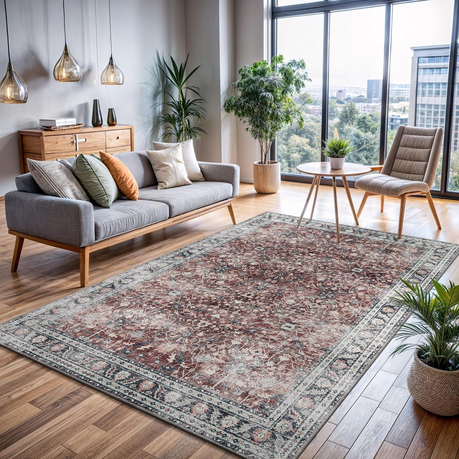image:imageCAMILSON Printed Living Room Rugs Oriental Retro Vintage Floral Area Rug 5x7 NonShedding Ultra Thin Super Strong Stain Resistant Indoor Carpet for Hallway Kitchen Office 5 x 7  Rust Red