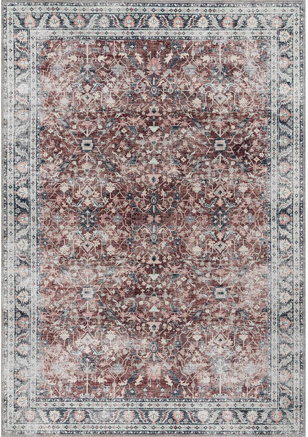 image:imageCAMILSON Printed Living Room Rugs Oriental Retro Vintage Floral Area Rug 5x7 NonShedding Ultra Thin Super Strong Stain Resistant Indoor Carpet for Hallway Kitchen Office 5 x 7  Rust Red
