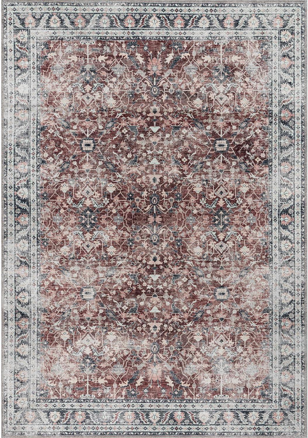 image:imageCAMILSON Printed Living Room Rugs Oriental Retro Vintage Floral Area Rug 9x12 NonShedding Ultra Thin Super Strong Stain Resistant Indoor Carpet for Hallway Kitchen Office 9 x 12  Rust Red