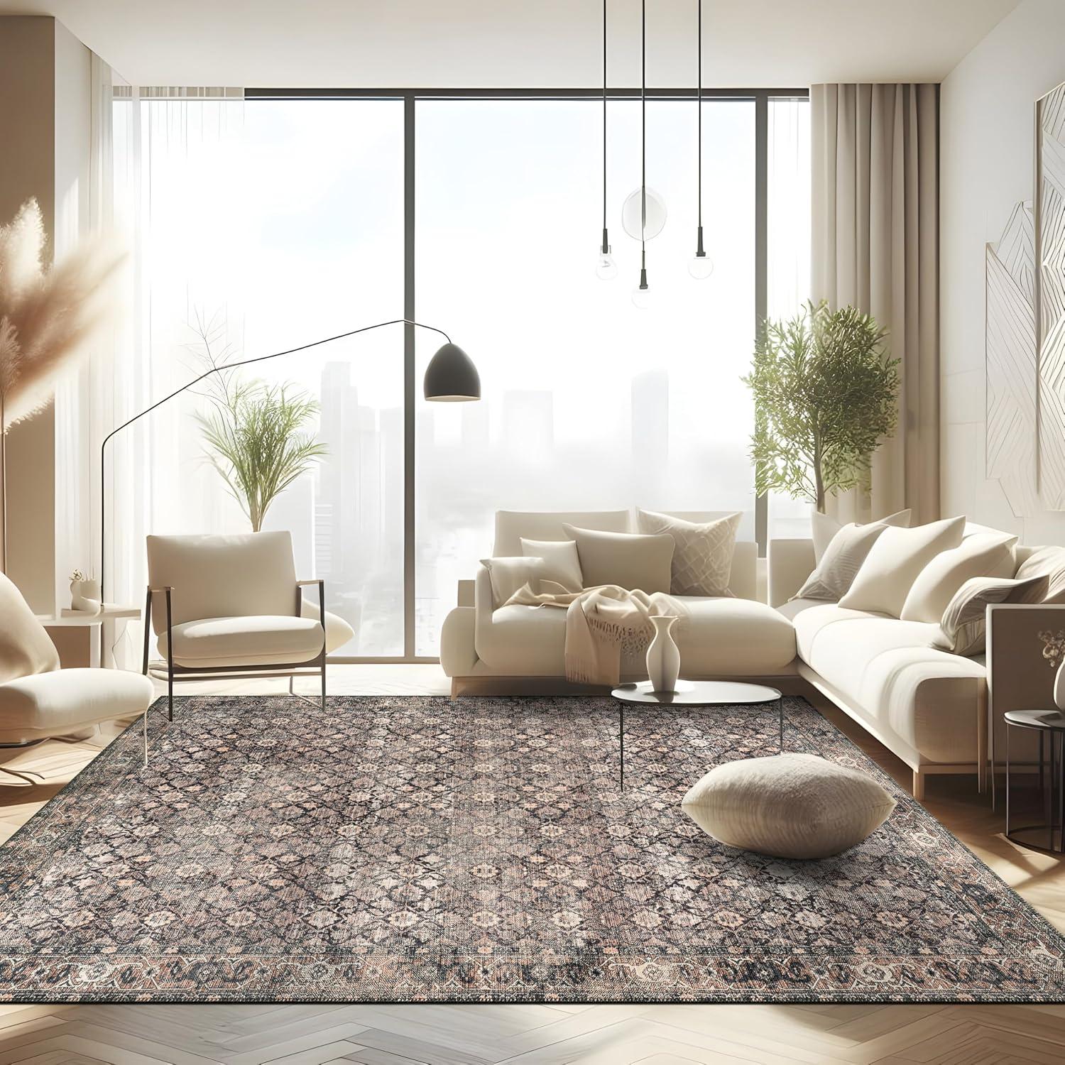 image:imageCAMILSON Printed Living Room Rugs Oriental Retro Vintage Floral Area Rug 9x12 NonShedding Ultra Thin Super Strong Stain Resistant Indoor Carpet for Hallway Kitchen 9 x 12  Wood Beige