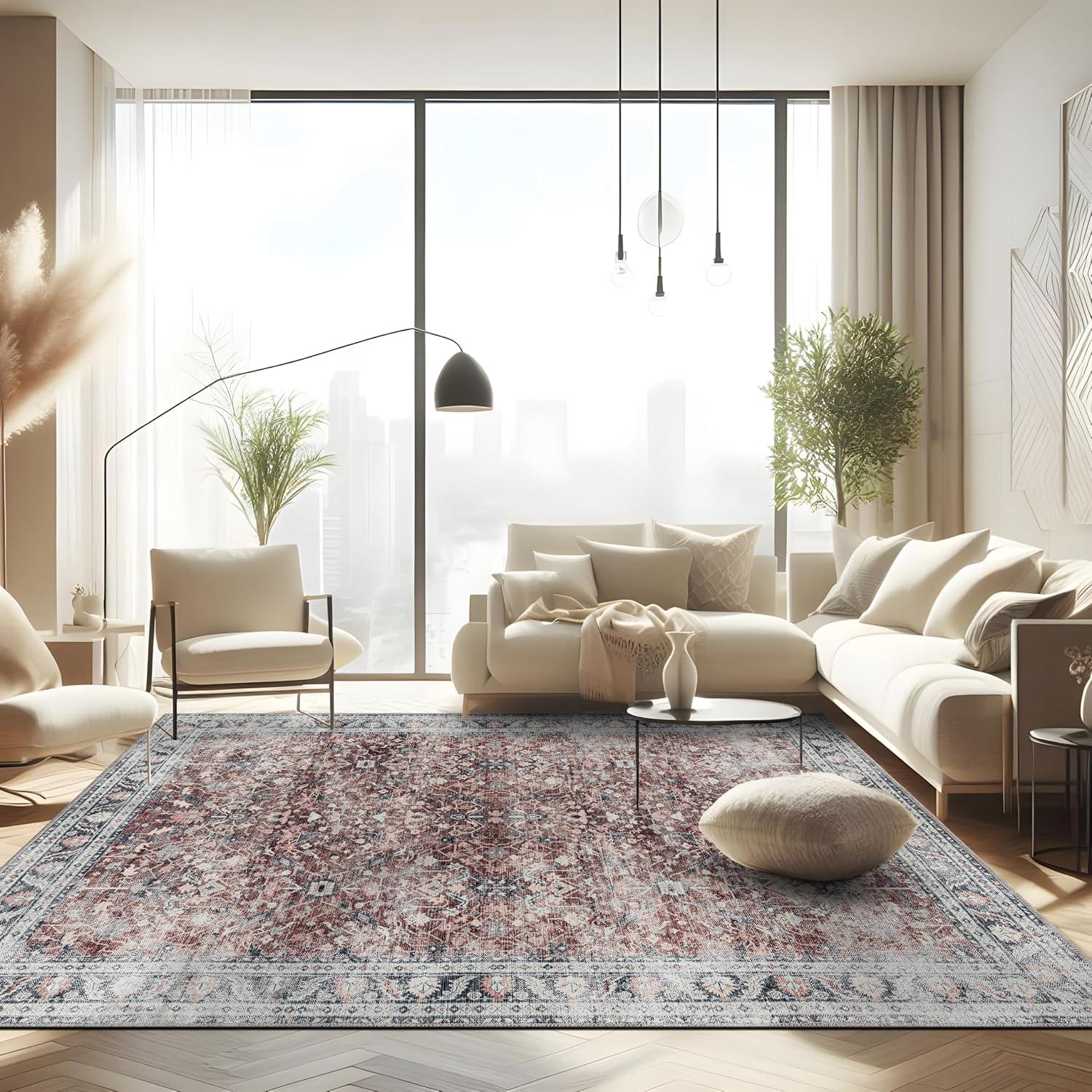 image:imageCAMILSON Printed Living Room Rugs Oriental Retro Vintage Floral Area Rug 9x12 NonShedding Ultra Thin Super Strong Stain Resistant Indoor Carpet for Hallway Kitchen Office 9 x 12  Rust Red