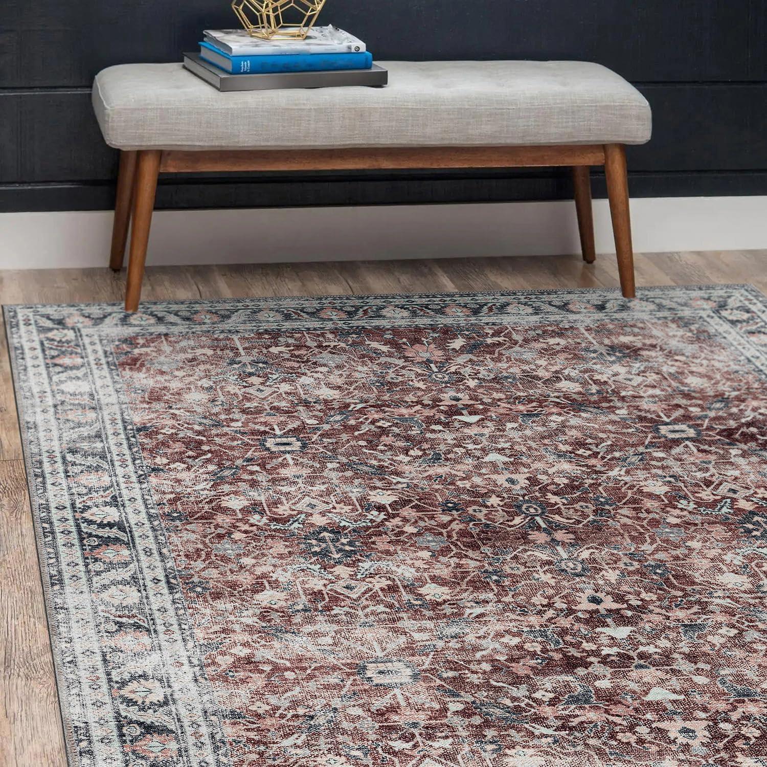 image:imageCAMILSON Printed Living Room Rugs Oriental Retro Vintage Floral Area Rug 9x12 NonShedding Ultra Thin Super Strong Stain Resistant Indoor Carpet for Hallway Kitchen Office 9 x 12  Rust Red