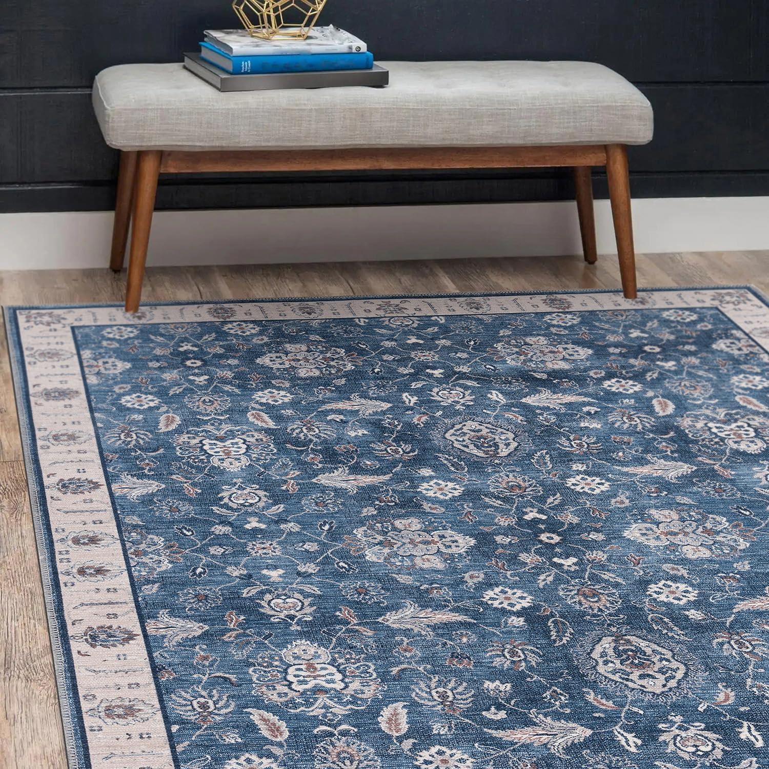 image:imageCAMILSON Printed Living Room Rugs Oriental Retro Vintage Floral Area Rug 9x12 NonShedding Ultra Thin Super Strong Stain Resistant Indoor Carpet for Hallway Kitchen 9 x 12  Navy Blue