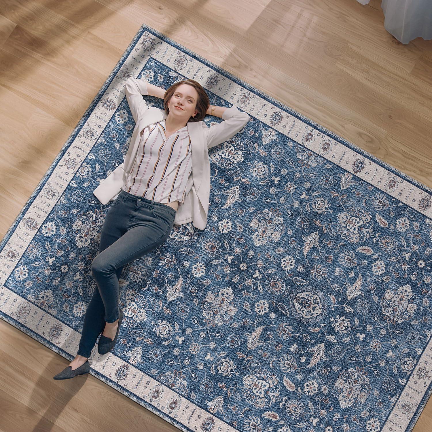 image:imageCAMILSON Printed Living Room Rugs Oriental Retro Vintage Floral Area Rug 9x12 NonShedding Ultra Thin Super Strong Stain Resistant Indoor Carpet for Hallway Kitchen 9 x 12  Navy Blue