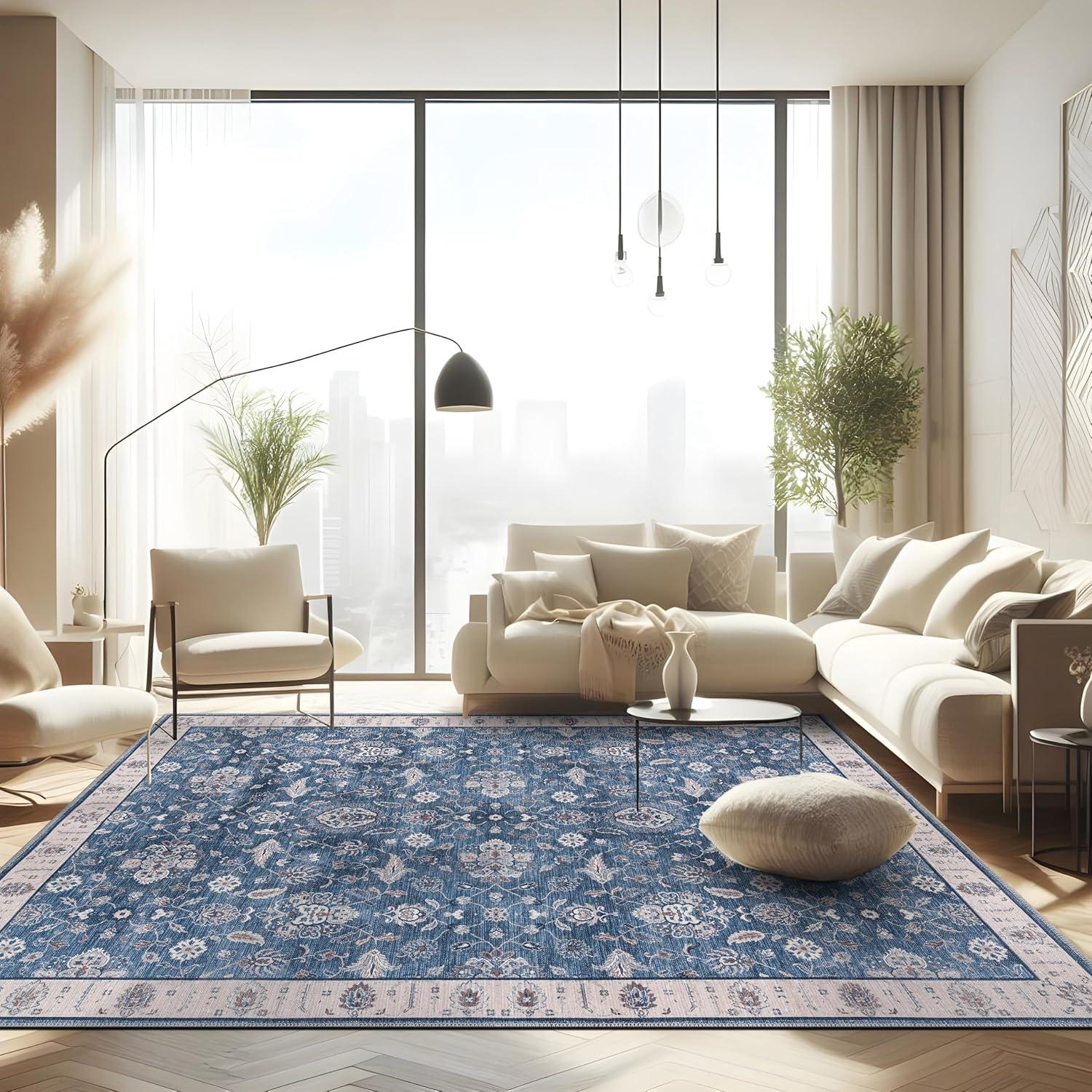 image:imageCAMILSON Printed Living Room Rugs Oriental Retro Vintage Floral Area Rug 9x12 NonShedding Ultra Thin Super Strong Stain Resistant Indoor Carpet for Hallway Kitchen 9 x 12  Navy Blue