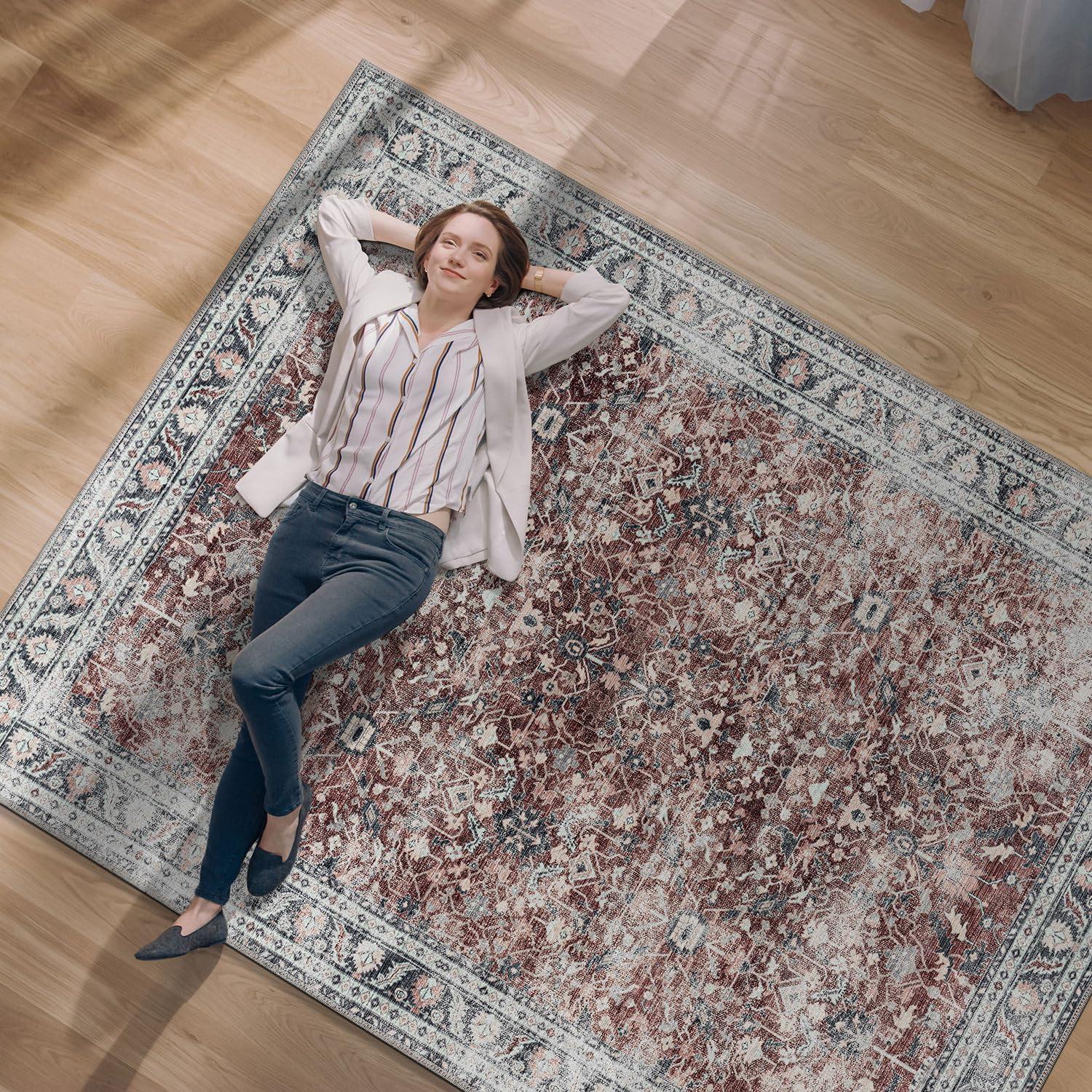 image:imageCAMILSON Printed Living Room Rugs Oriental Retro Vintage Floral Area Rug 9x12 NonShedding Ultra Thin Super Strong Stain Resistant Indoor Carpet for Hallway Kitchen Office 9 x 12  Rust Red
