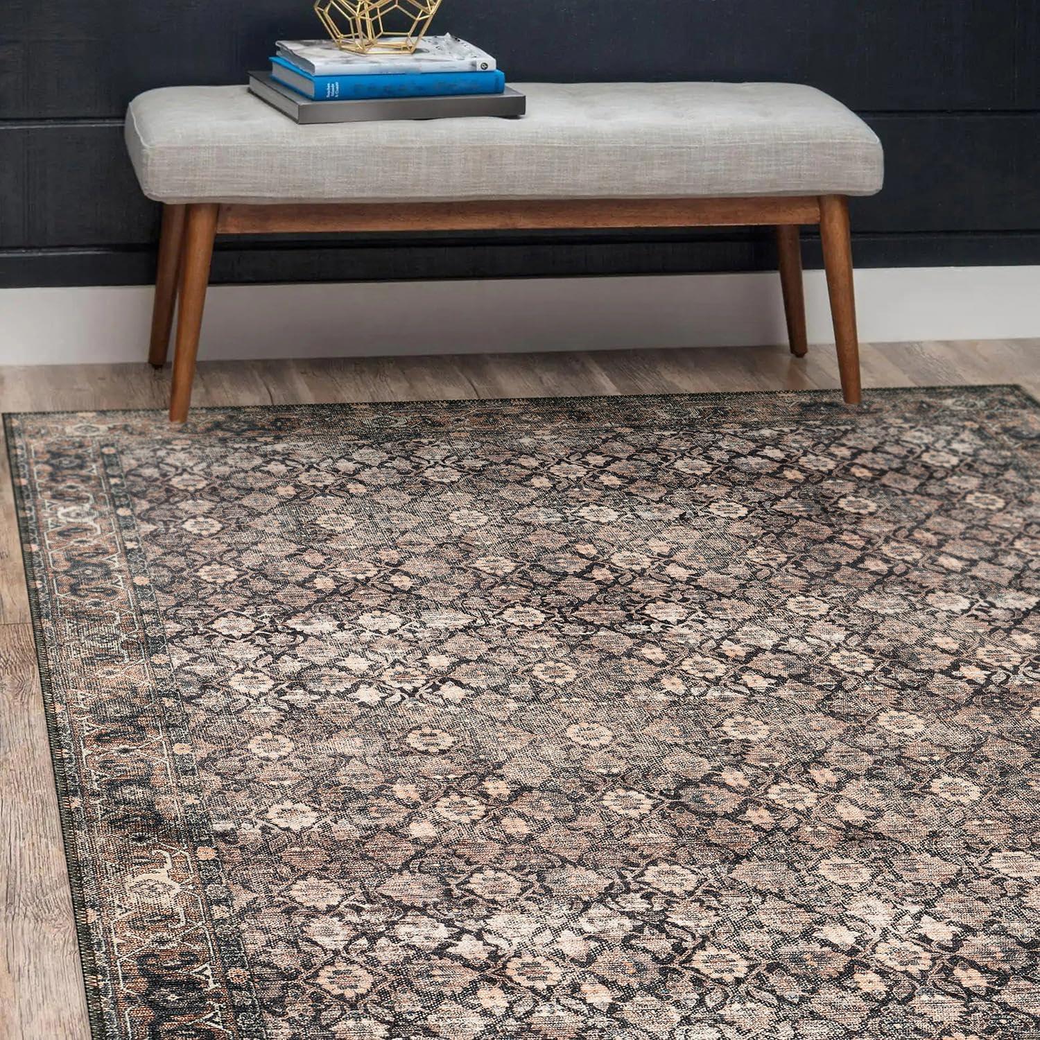 image:imageCAMILSON Printed Living Room Rugs Oriental Retro Vintage Floral Area Rug 9x12 NonShedding Ultra Thin Super Strong Stain Resistant Indoor Carpet for Hallway Kitchen 9 x 12  Wood Beige