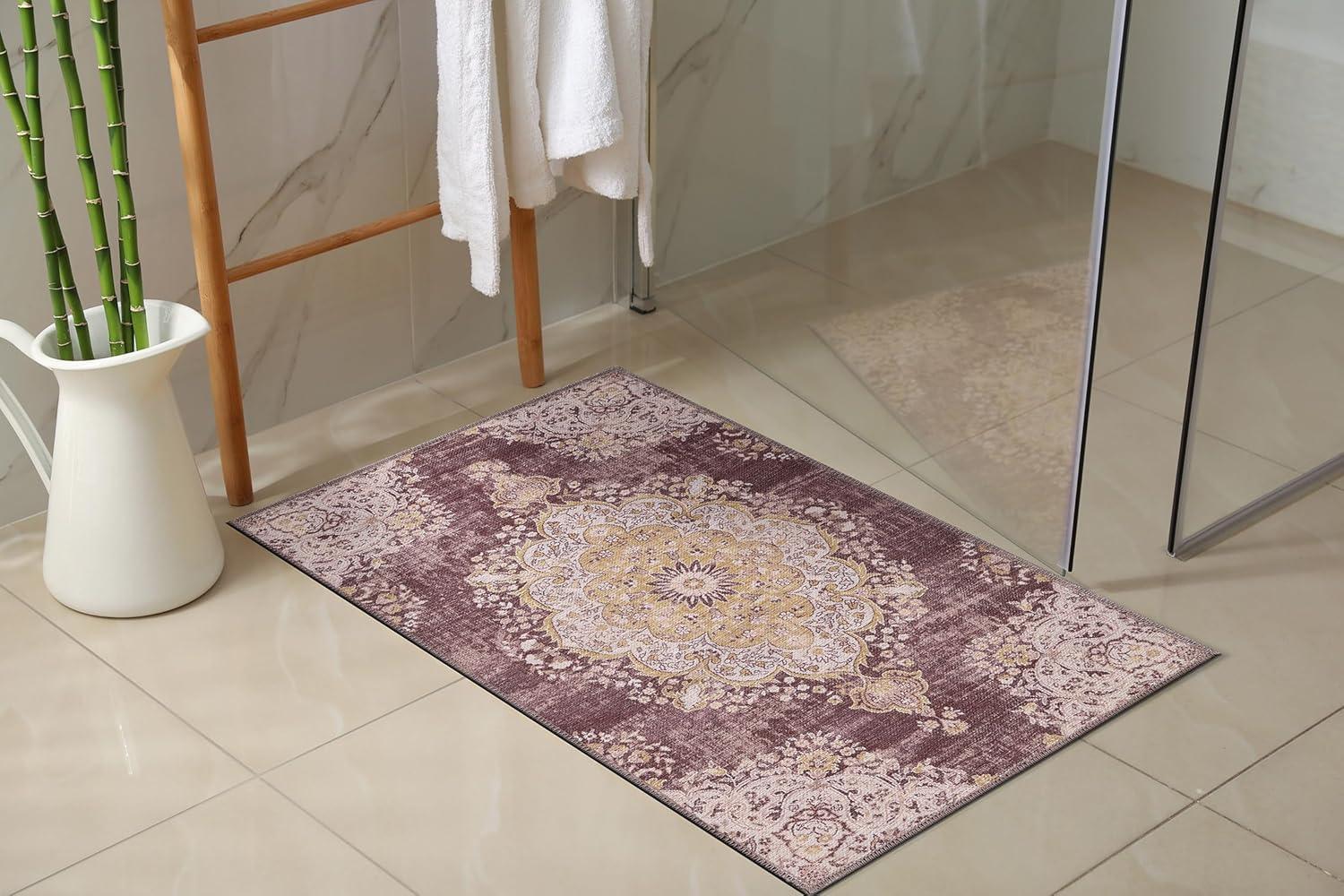 image:imageCAMILSON Printed Rug with Ultra Thin Super Strong for Distressed Vintage Medallion Indoor Entryway Mats Area Rugs Stain and Water Resistant Bohemian Indoor Carpet 2 x 3 Yellow
