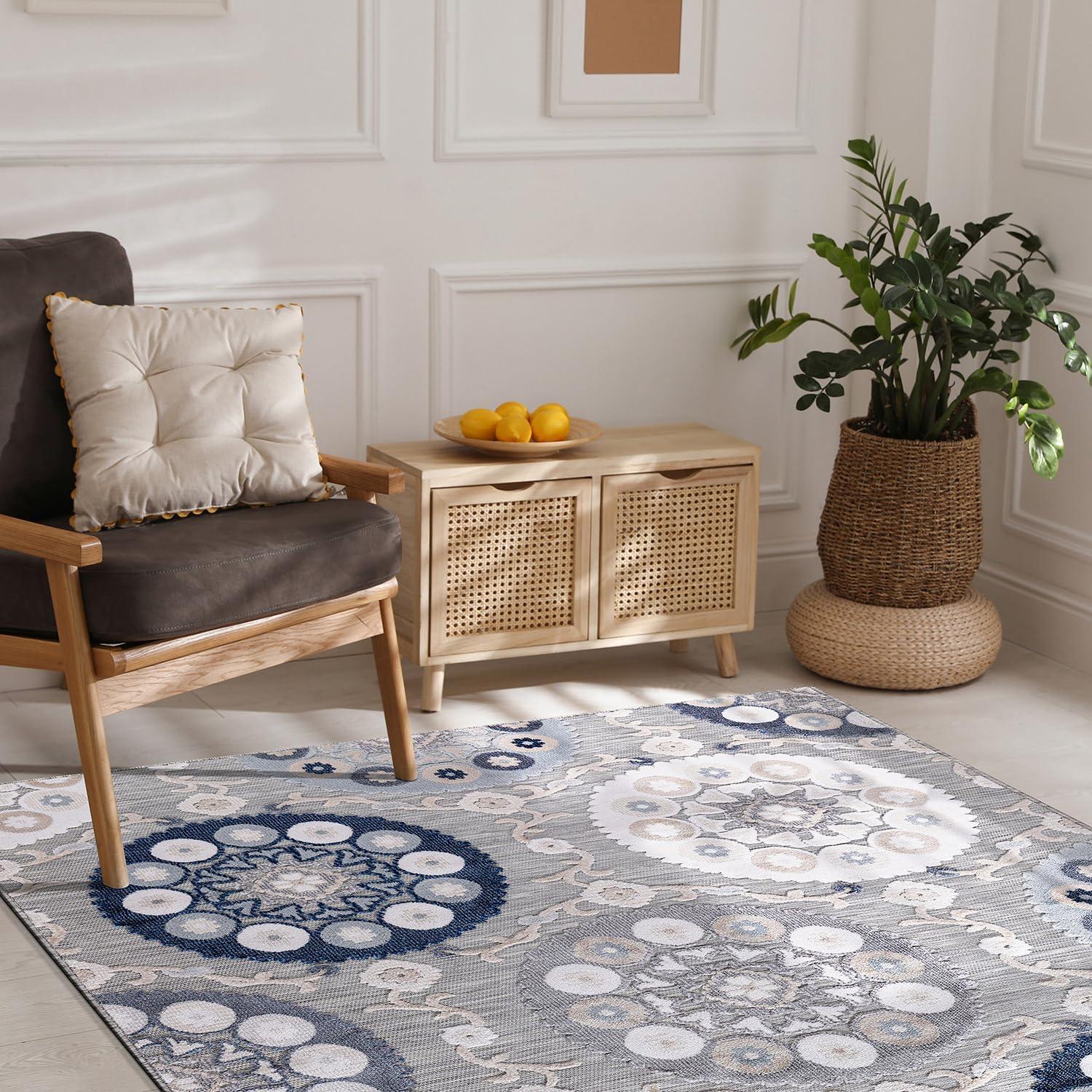 image:imageCAMILSON Runner Outdoor Rugs Oriental Retro Traditional Floral Medallion Area Rug 2x7 NonShedding Stain Resistant Indoor Carpet for Bathroom Hallway Kitchen Office 2 x 7 Beige3003 Blue
