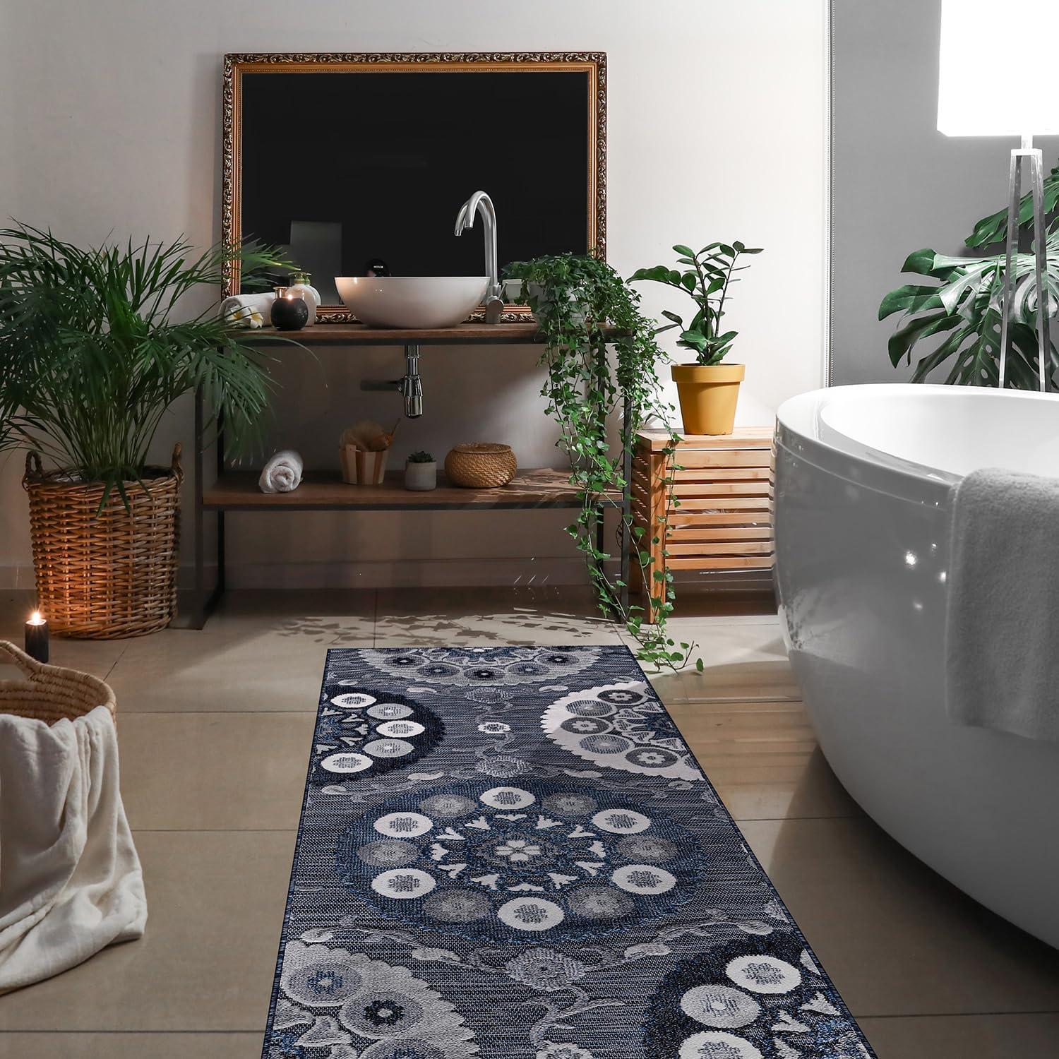 image:imageCAMILSON Runner Outdoor Rugs Oriental Retro Traditional Floral Medallion Area Rug 2x7 NonShedding Stain Resistant Indoor Carpet for Bathroom Hallway Kitchen Office 2 x 7 Beige3003 Navy