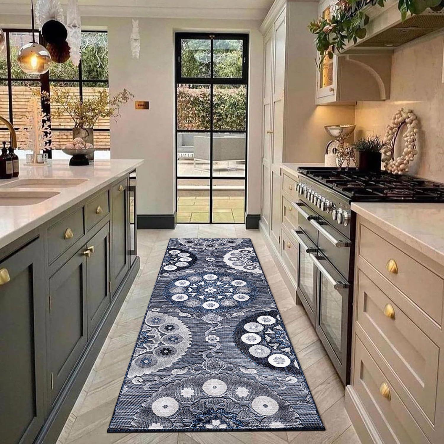 image:imageCAMILSON Runner Outdoor Rugs Oriental Retro Traditional Floral Medallion Area Rug 2x7 NonShedding Stain Resistant Indoor Carpet for Bathroom Hallway Kitchen Office 2 x 7 Beige3003 Navy