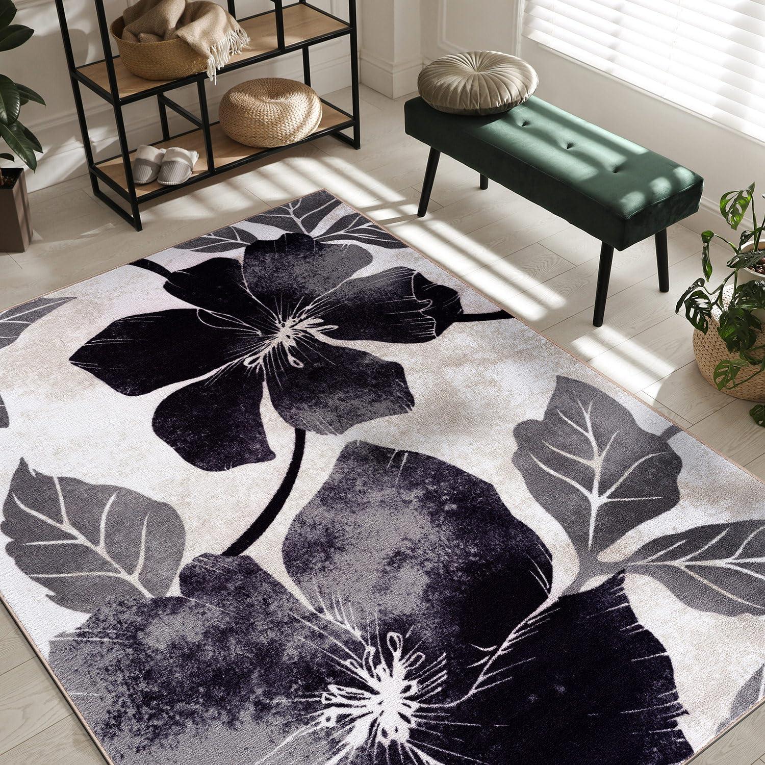 image:imageCAMILSON Solana Modern Floral 2 x 7 Area Rugs NonSkid NonSlip Rubber Backing Yellow Brown Flowers Indoor Rug 2x7 Yellow BrownFloral Black Grey