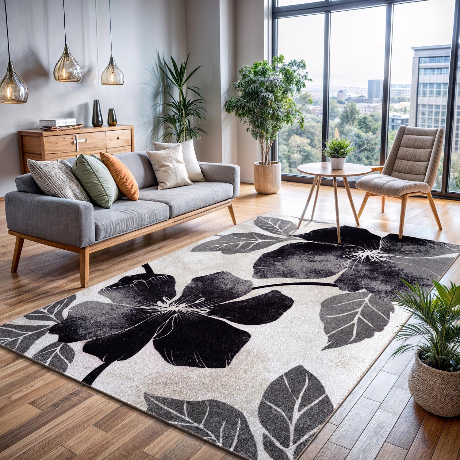 image:imageCAMILSON Solana Modern Floral 2 x 7 Area Rugs NonSkid NonSlip Rubber Backing Yellow Brown Flowers Indoor Rug 2x7 Yellow BrownFloral Black Grey