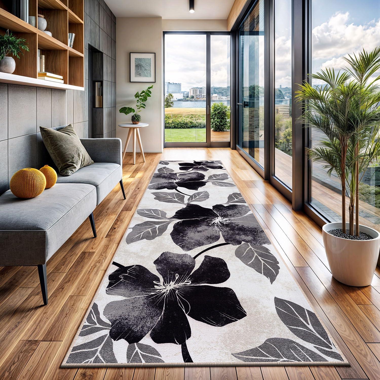 image:imageCAMILSON Solana Modern Floral 2 x 7 Area Rugs NonSkid NonSlip Rubber Backing Yellow Brown Flowers Indoor Rug 2x7 Yellow BrownFloral Black Grey