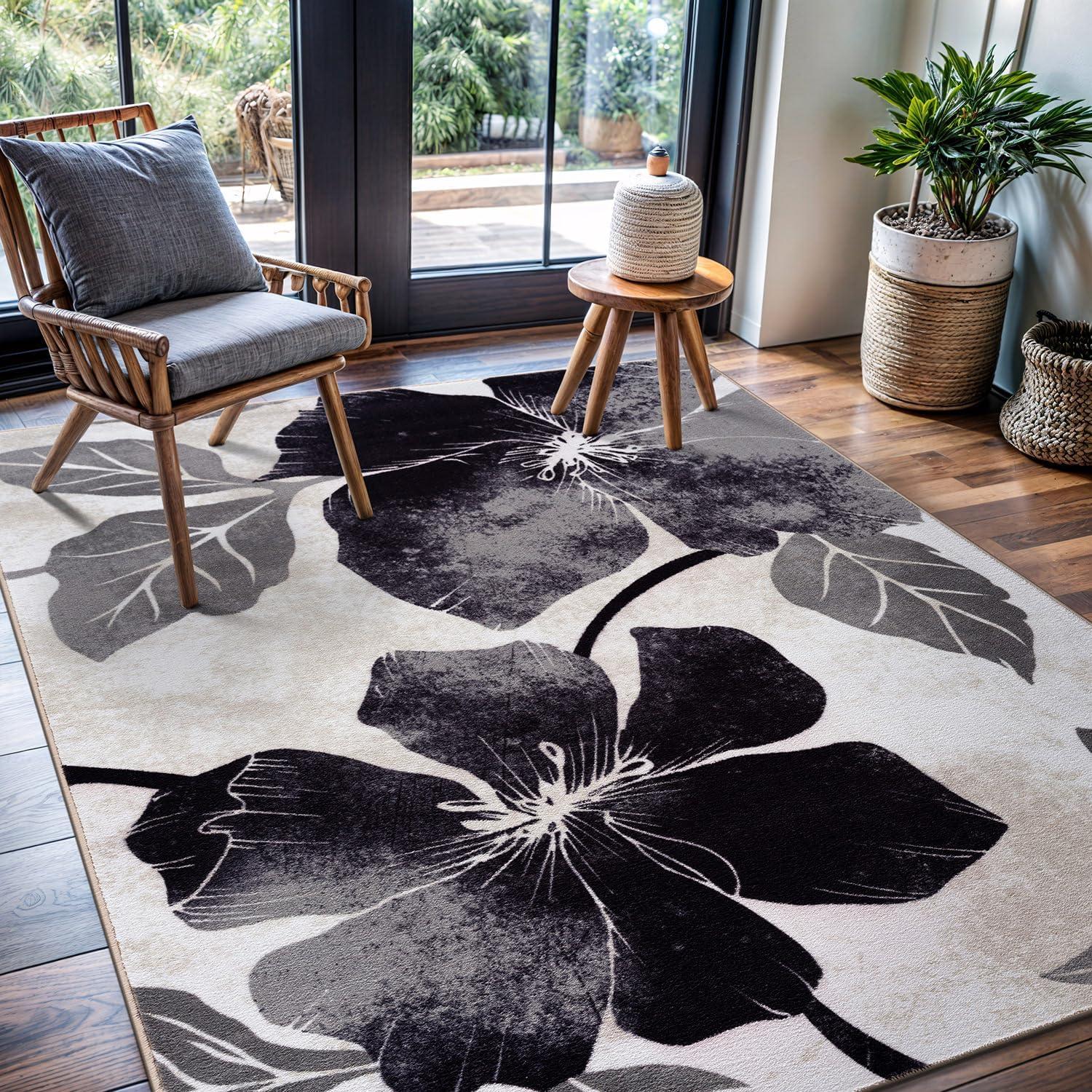 image:imageCAMILSON Solana Modern Floral 2 x 7 Area Rugs NonSkid NonSlip Rubber Backing Yellow Brown Flowers Indoor Rug 2x7 Yellow BrownFloral Black Grey