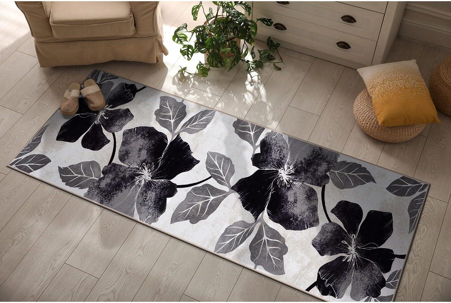 image:imageCAMILSON Solana Modern Floral 2 x 7 Area Rugs NonSkid NonSlip Rubber Backing Yellow Brown Flowers Indoor Rug 2x7 Yellow BrownFloral Black Grey