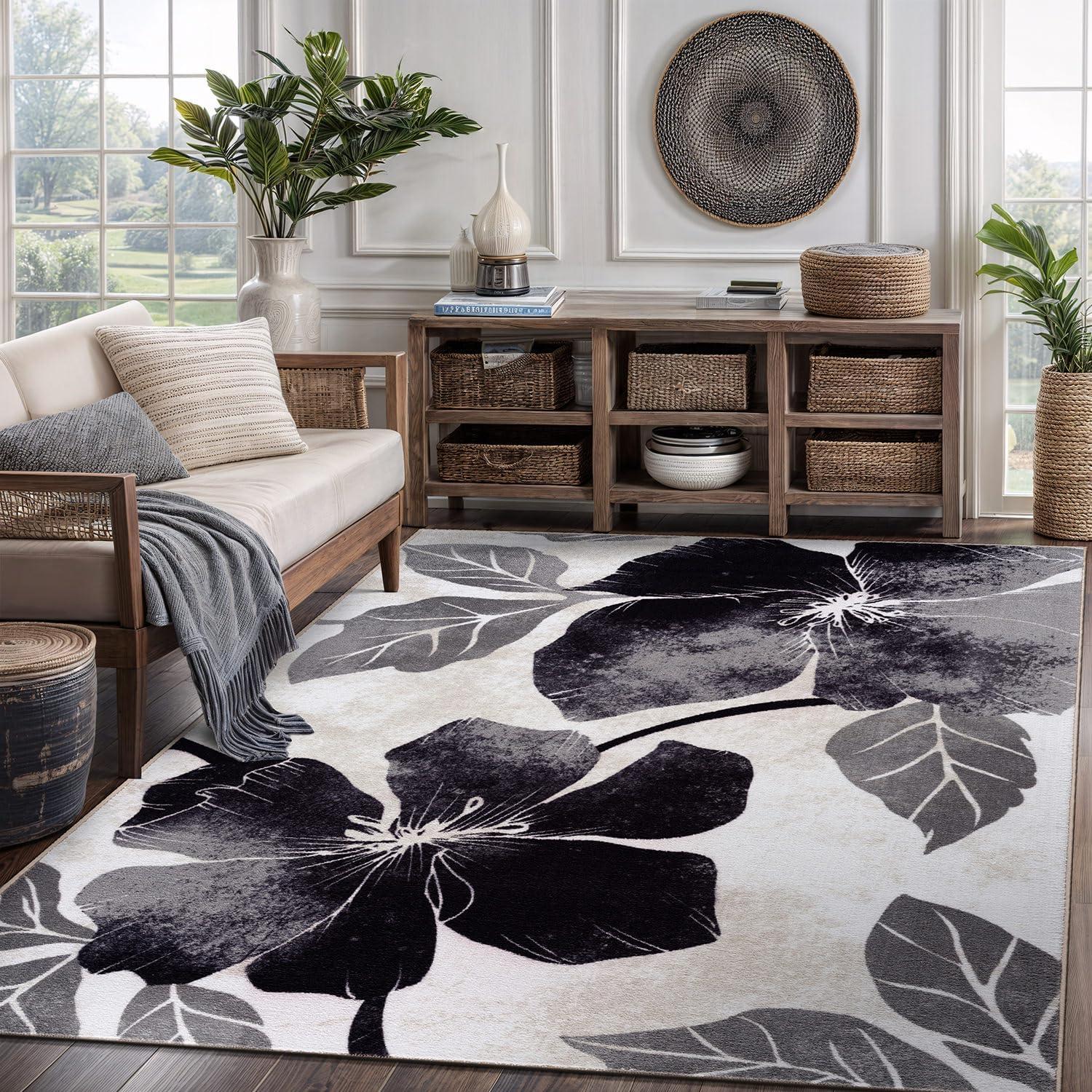 image:imageCAMILSON Solana Modern Floral 2 x 7 Area Rugs NonSkid NonSlip Rubber Backing Yellow Brown Flowers Indoor Rug 2x7 Yellow BrownFloral Black Grey