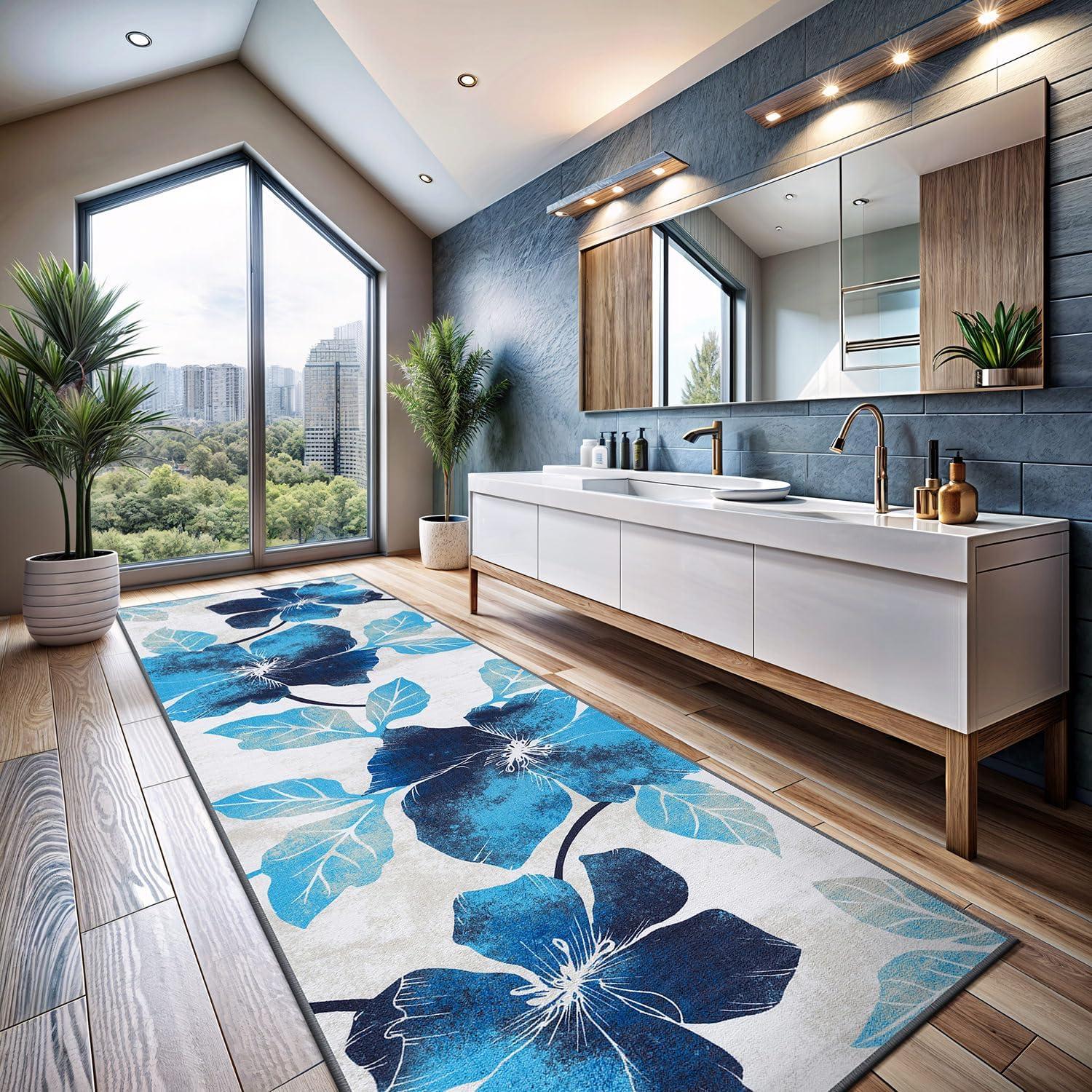 image:imageCAMILSON Solana Modern Floral 2 x 7 Area Rugs NonSkid NonSlip Rubber Backing Yellow Brown Flowers Indoor Rug 2x7 Yellow BrownFloral Blue Grey