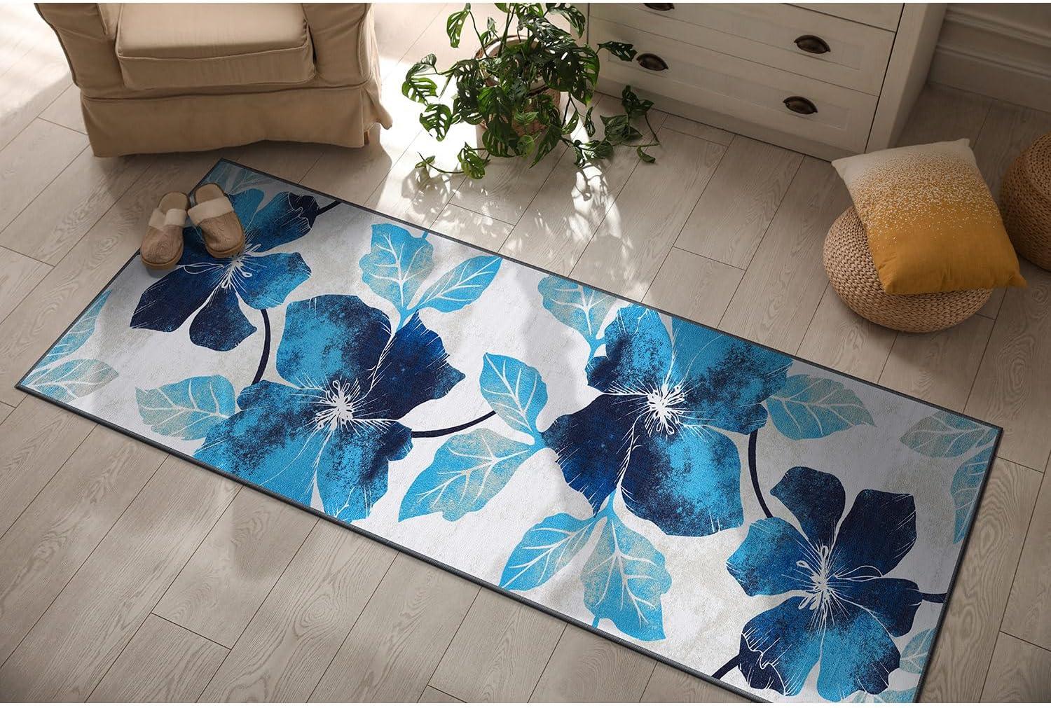 image:imageCAMILSON Solana Modern Floral 2 x 7 Area Rugs NonSkid NonSlip Rubber Backing Yellow Brown Flowers Indoor Rug 2x7 Yellow BrownFloral Blue Grey