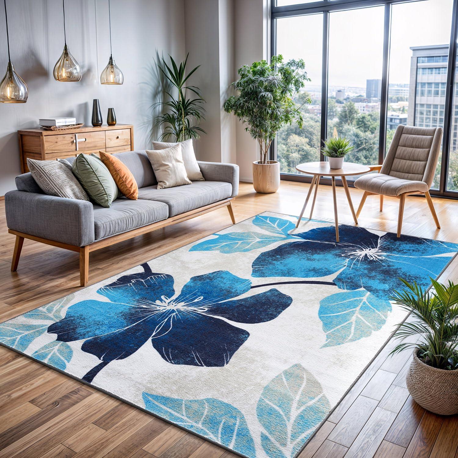image:imageCAMILSON Solana Modern Floral 2 x 7 Area Rugs NonSkid NonSlip Rubber Backing Yellow Brown Flowers Indoor Rug 2x7 Yellow BrownFloral Blue Grey