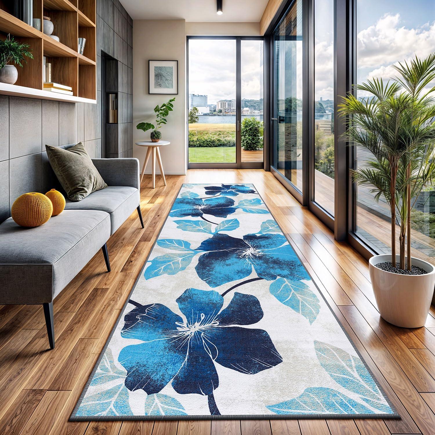 image:imageCAMILSON Solana Modern Floral 2 x 7 Area Rugs NonSkid NonSlip Rubber Backing Yellow Brown Flowers Indoor Rug 2x7 Yellow BrownFloral Blue Grey