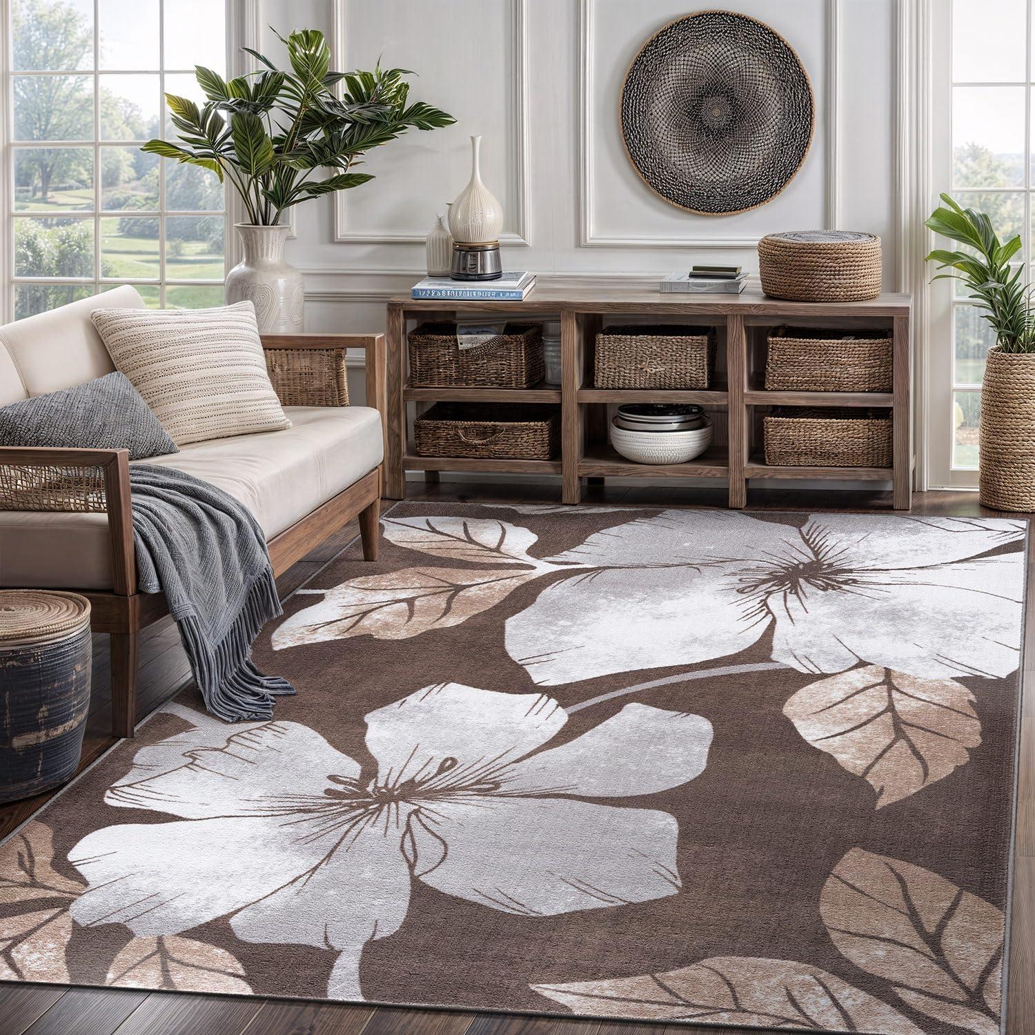 image:imageCAMILSON Solana Modern Floral 2 x 7 Area Rugs NonSkid NonSlip Rubber Backing Yellow Brown Flowers Indoor Rug 2x7 Yellow BrownFloral Grey Brown