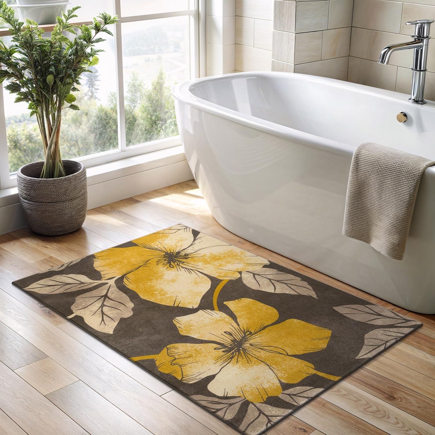 image:imageCAMILSON Solana Modern Floral 2 x 7 Area Rugs NonSkid NonSlip Rubber Backing Yellow Brown Flowers Indoor Rug 2x7 Yellow BrownFloral Yellow Brown