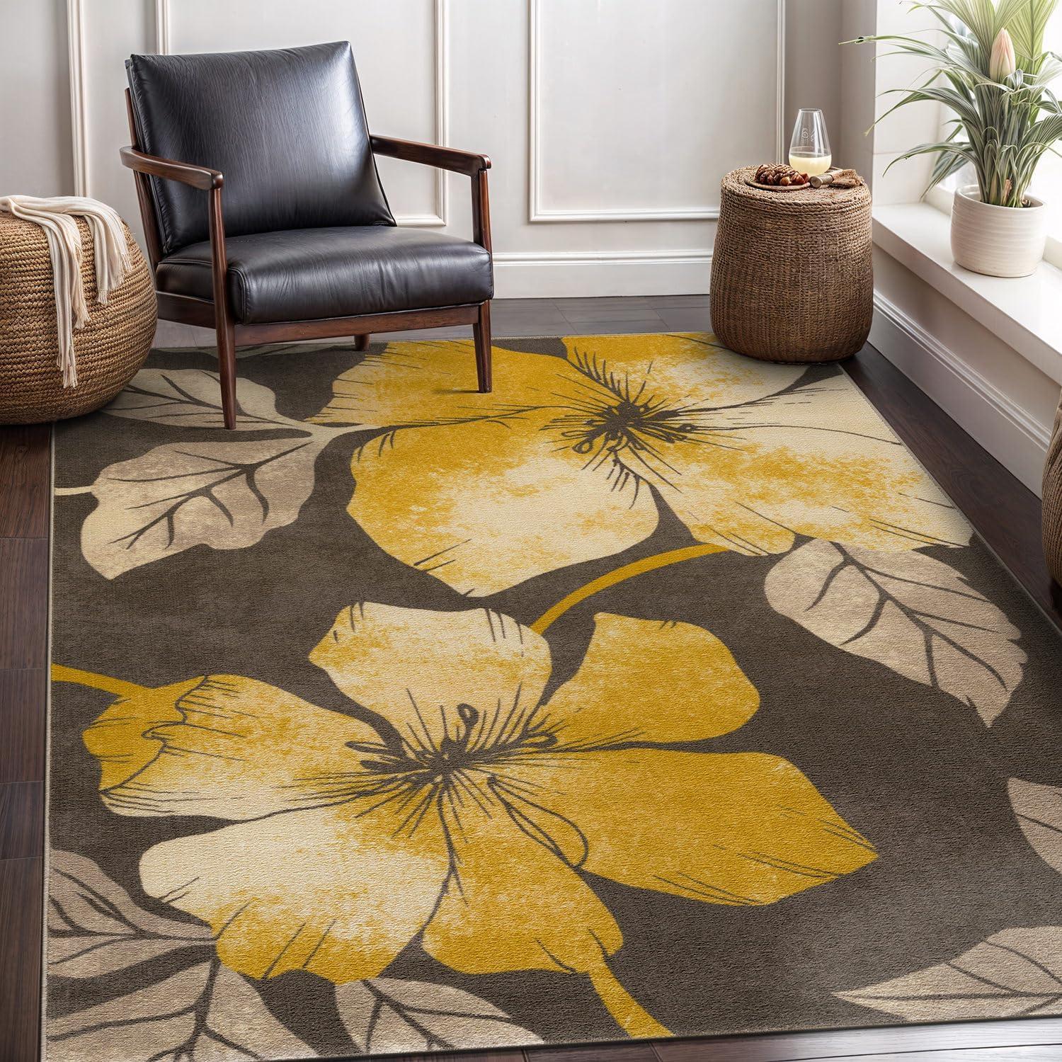 image:imageCAMILSON Solana Modern Floral 2 x 7 Area Rugs NonSkid NonSlip Rubber Backing Yellow Brown Flowers Indoor Rug 2x7 Yellow BrownFloral Yellow Brown